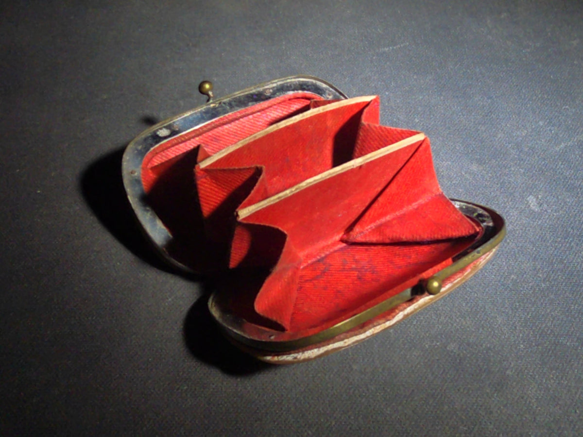 Antique Mother-of-Pearl Coin Purse with Red Fabric Interior and Brass Kiss-Lock Clasp