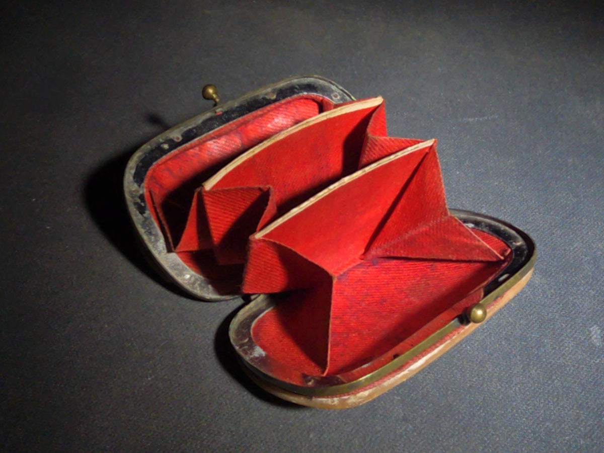 Antique Mother-of-Pearl Coin Purse with Red Fabric Interior and Brass Kiss-Lock Clasp