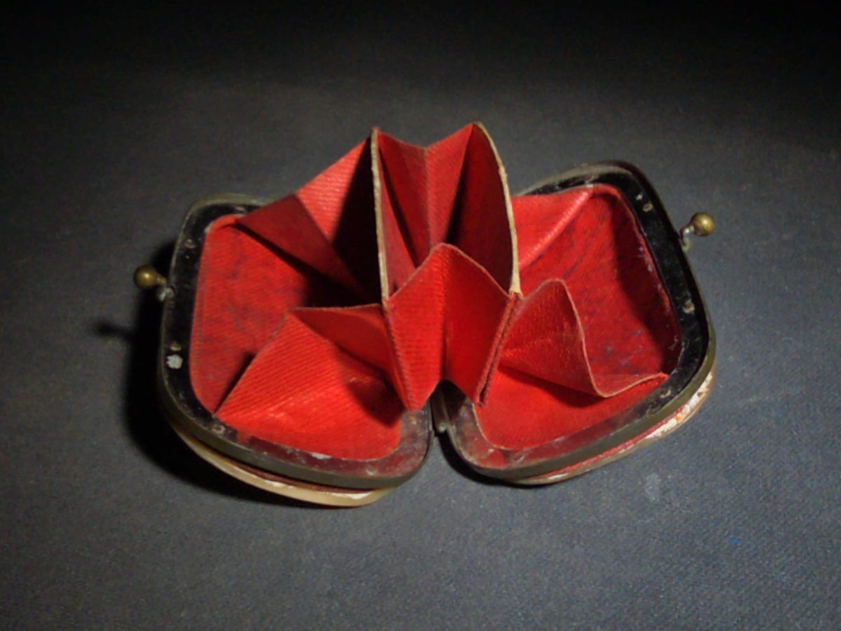 Antique Mother-of-Pearl Coin Purse with Red Fabric Interior and Brass Kiss-Lock Clasp