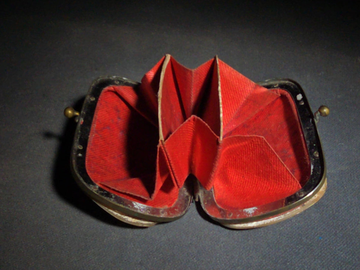 Antique Mother-of-Pearl Coin Purse with Red Fabric Interior and Brass Kiss-Lock Clasp