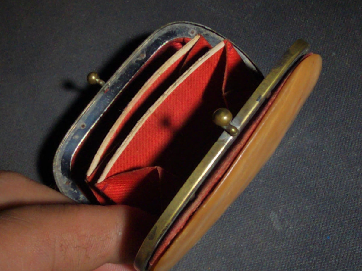 Antique Mother-of-Pearl Coin Purse with Red Fabric Interior and Brass Kiss-Lock Clasp