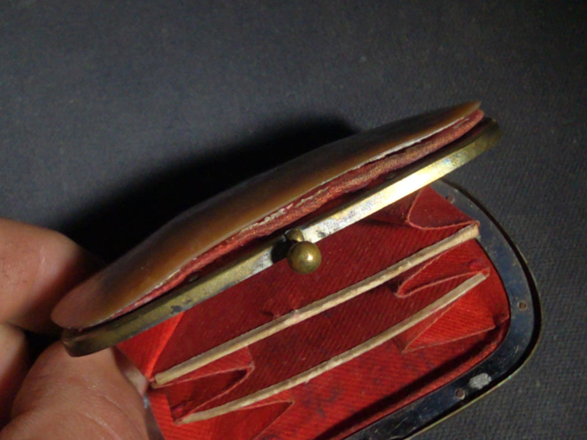 Antique Mother-of-Pearl Coin Purse with Red Fabric Interior and Brass Kiss-Lock Clasp