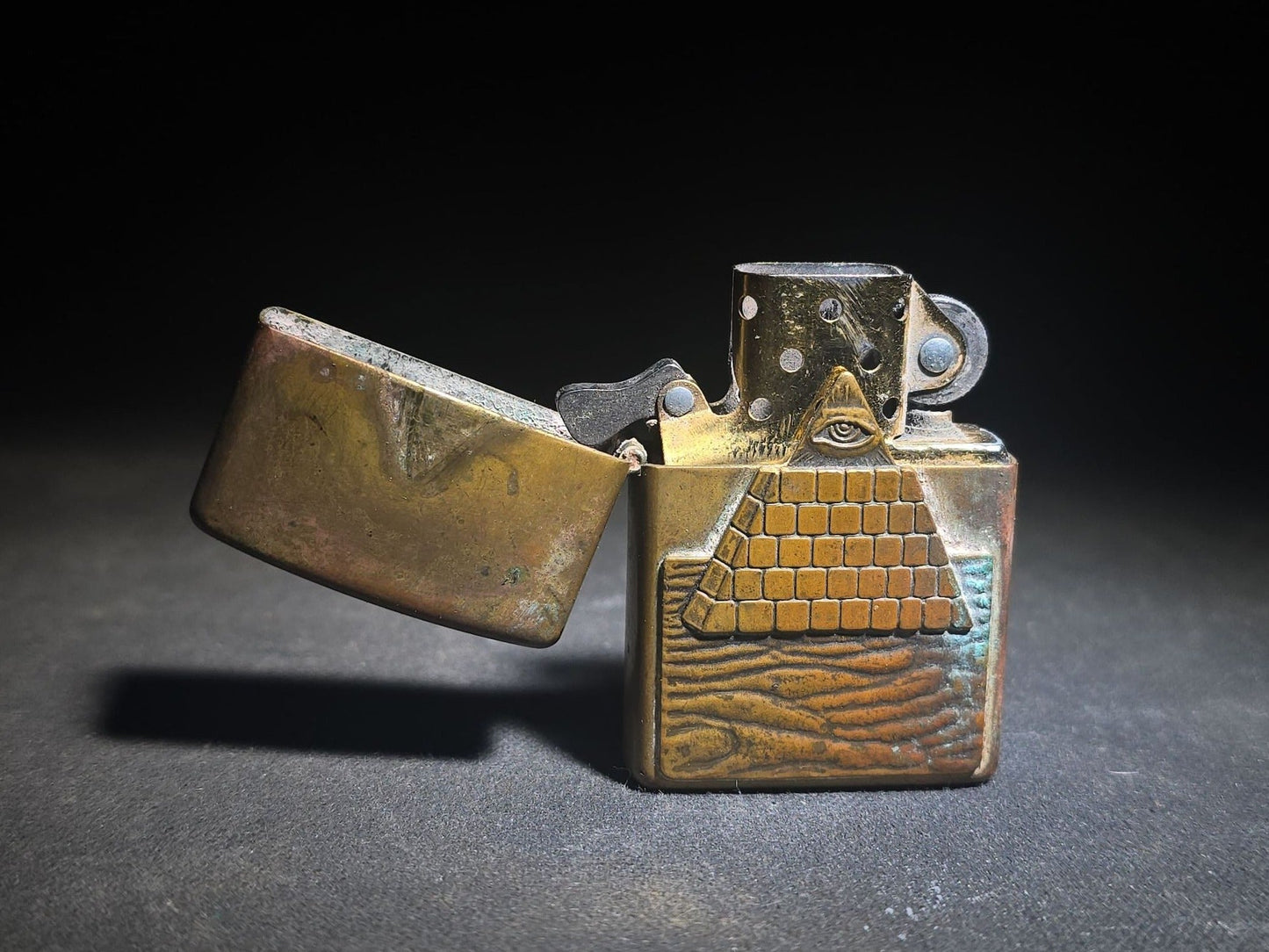 Vintage Zippo Brass Lighter with Eye of Providence / All-Seeing Eye Pyramid Design, 1996, Manufactured by Zippo Mfg. Co., Bradford, Pennsylvania