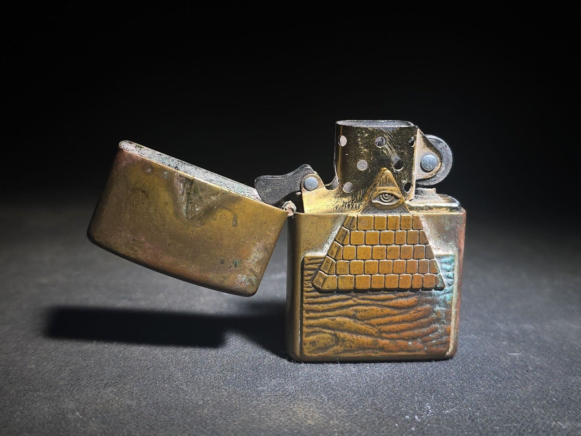 Vintage Zippo Brass Lighter with Eye of Providence / All-Seeing Eye Pyramid Design, 1996, Manufactured by Zippo Mfg. Co., Bradford, Pennsylvania