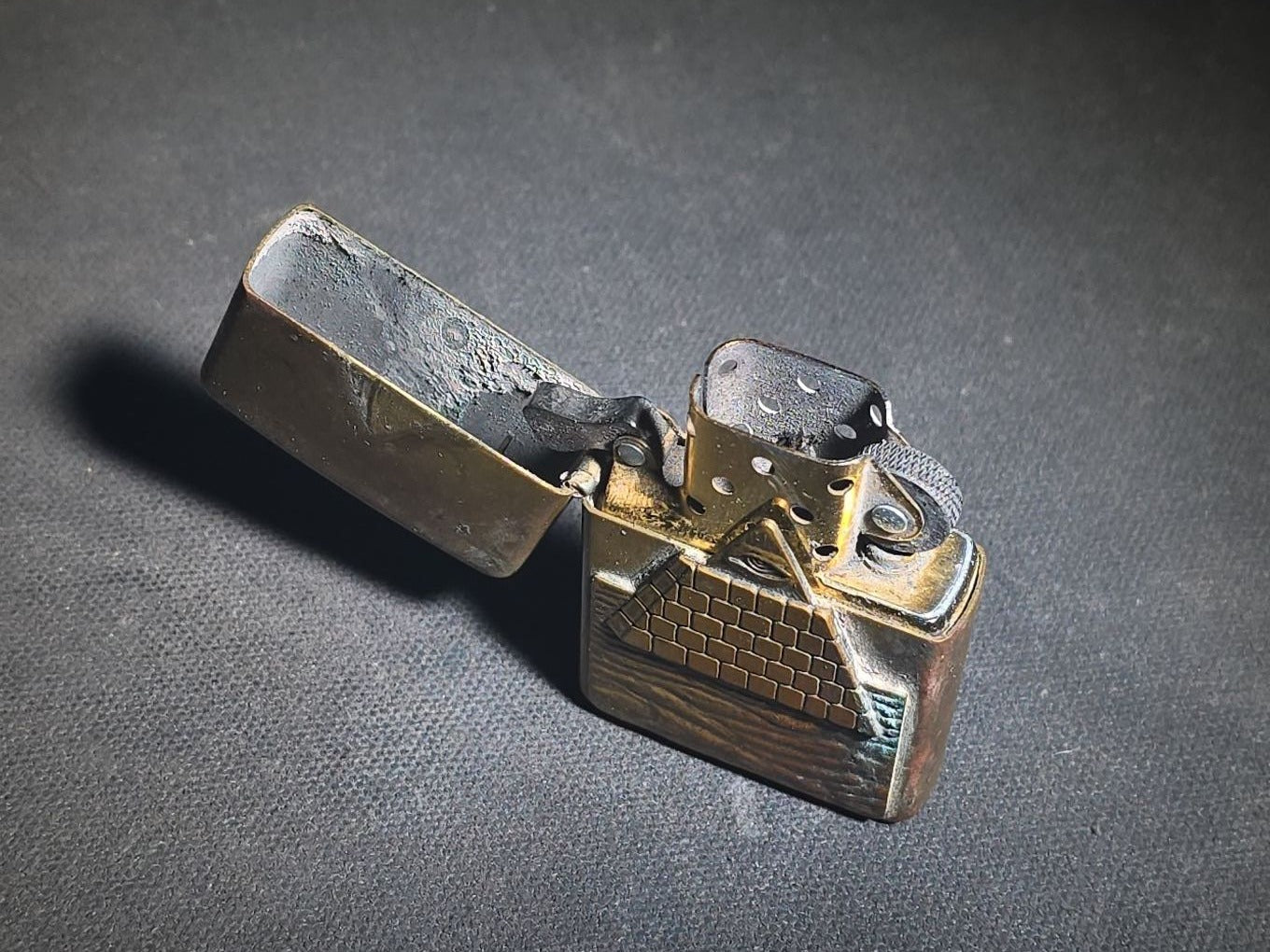Vintage Zippo Brass Lighter with Eye of Providence / All-Seeing Eye Pyramid Design, 1996, Manufactured by Zippo Mfg. Co., Bradford, Pennsylvania
