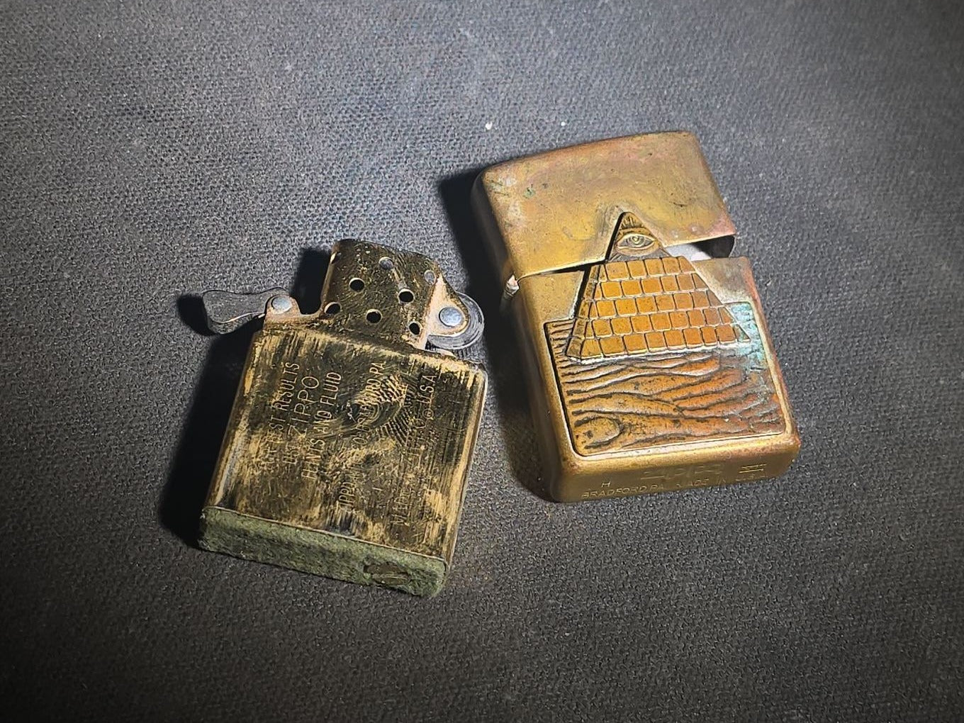 Vintage Zippo Brass Lighter with Eye of Providence / All-Seeing Eye Pyramid Design, 1996, Manufactured by Zippo Mfg. Co., Bradford, Pennsylvania