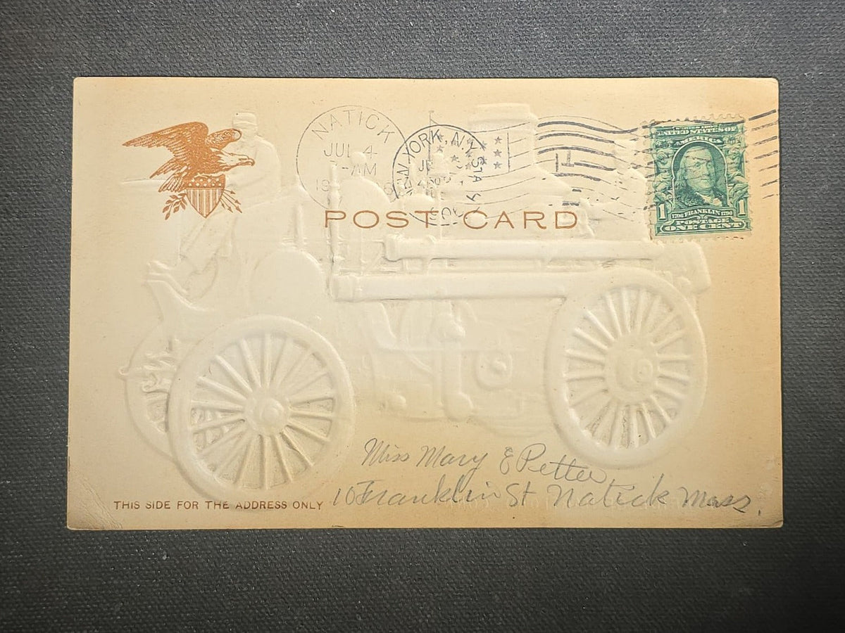 Antique Embossed Postcard of a Horse-Drawn Steam Fire Engine, "The Pride of Hartford Conn.," with Glitter Accents, Postmarked New York, New York, Addressed to Natick, Massachusetts