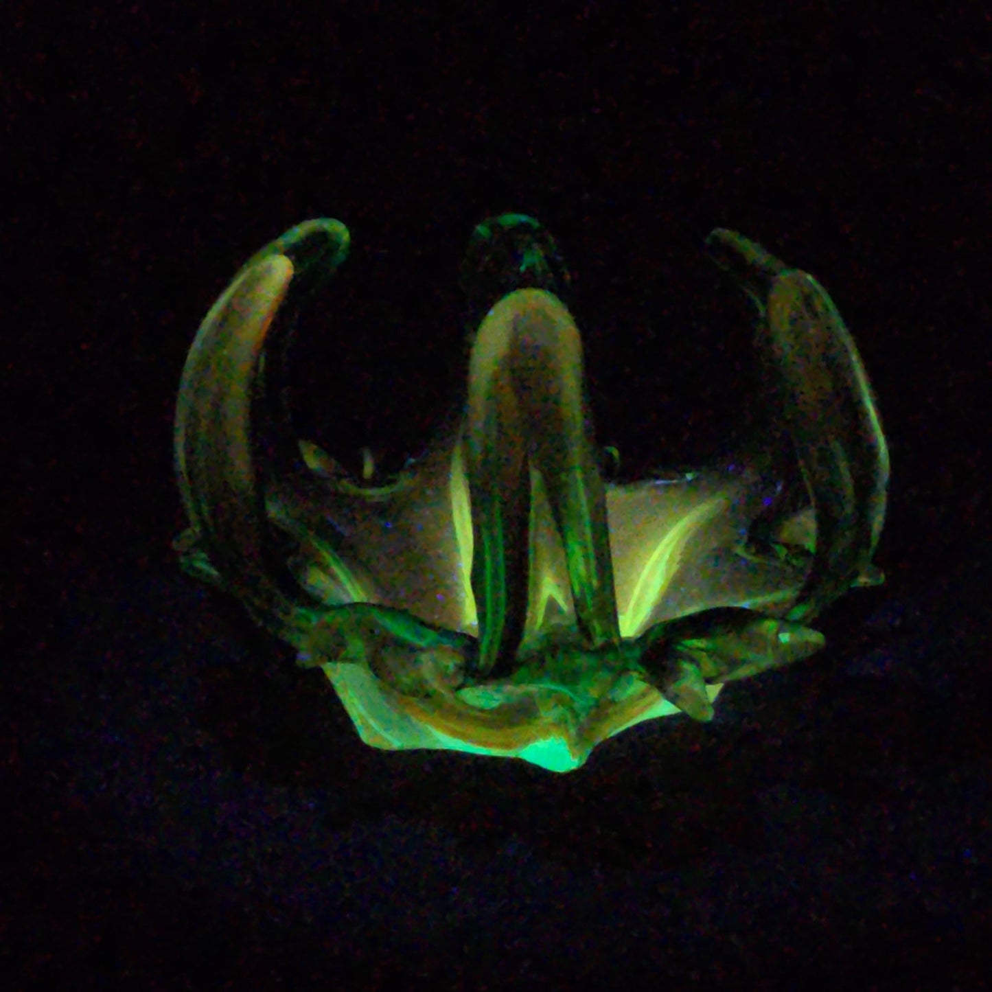 Vintage Midcentury Modern Murano Style Green Art Glass Free-Form Bowl with Upswept Fingers, UV Reactive
