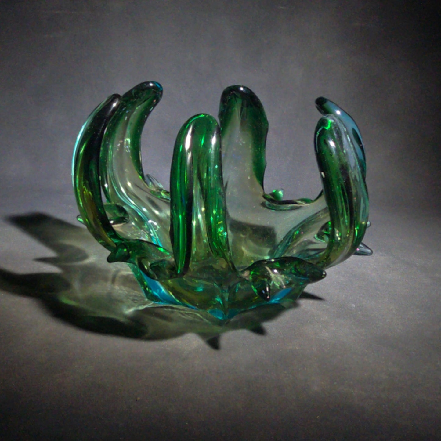 Vintage Midcentury Modern Murano Style Green Art Glass Free-Form Bowl with Upswept Fingers, UV Reactive