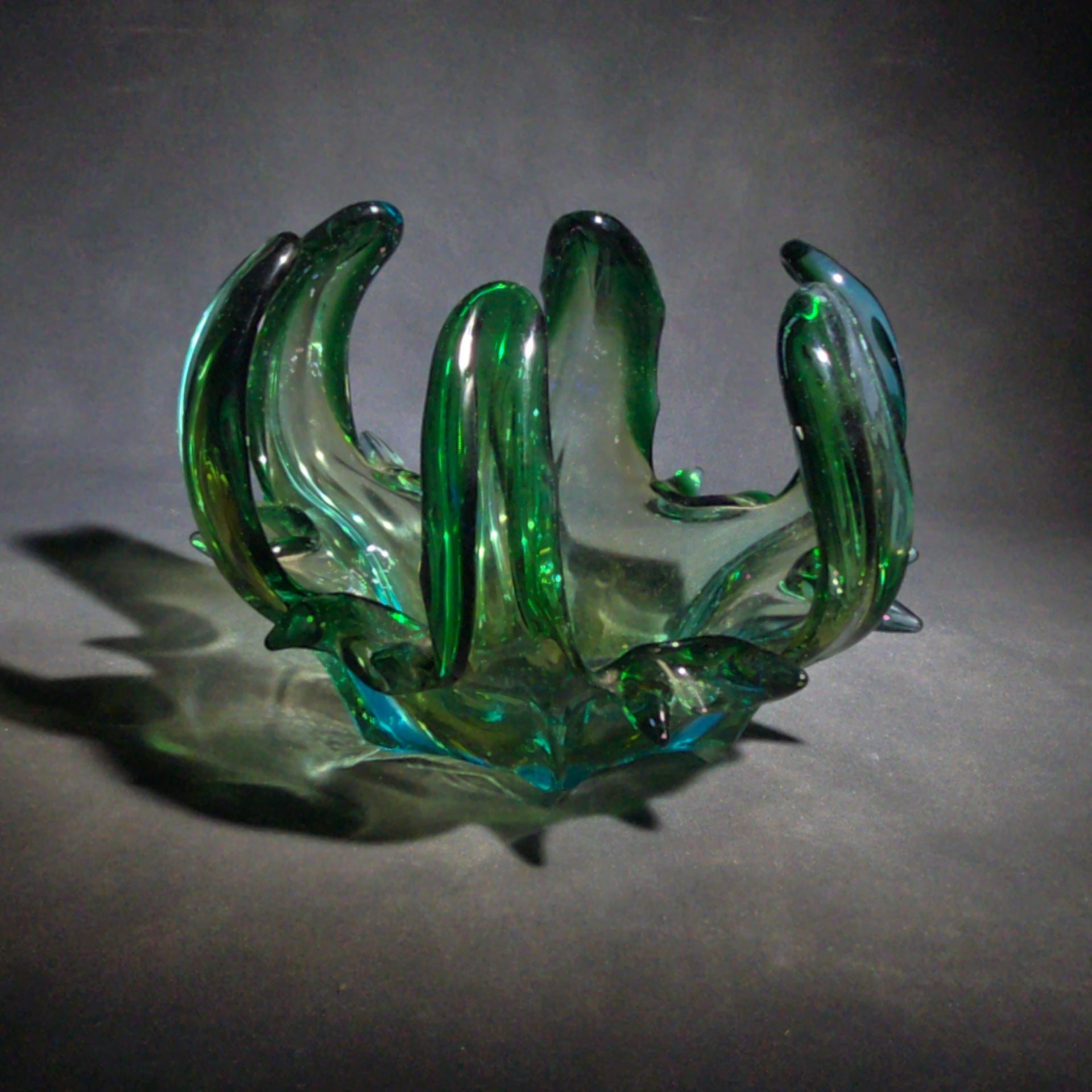 Vintage Midcentury Modern Murano Style Green Art Glass Free-Form Bowl with Upswept Fingers, UV Reactive