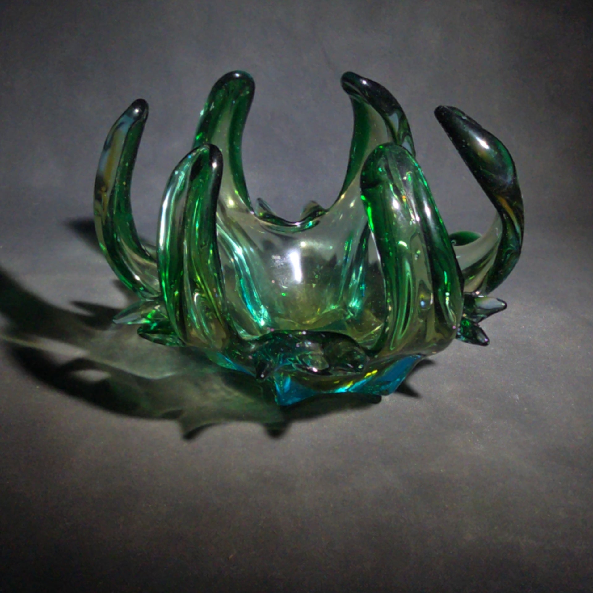 Vintage Midcentury Modern Murano Style Green Art Glass Free-Form Bowl with Upswept Fingers, UV Reactive