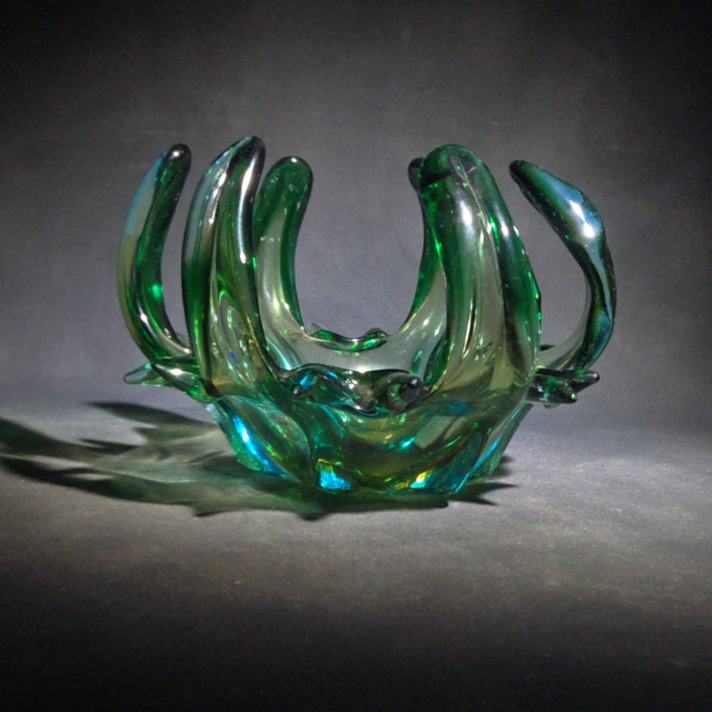 Vintage Midcentury Modern Murano Style Green Art Glass Free-Form Bowl with Upswept Fingers, UV Reactive