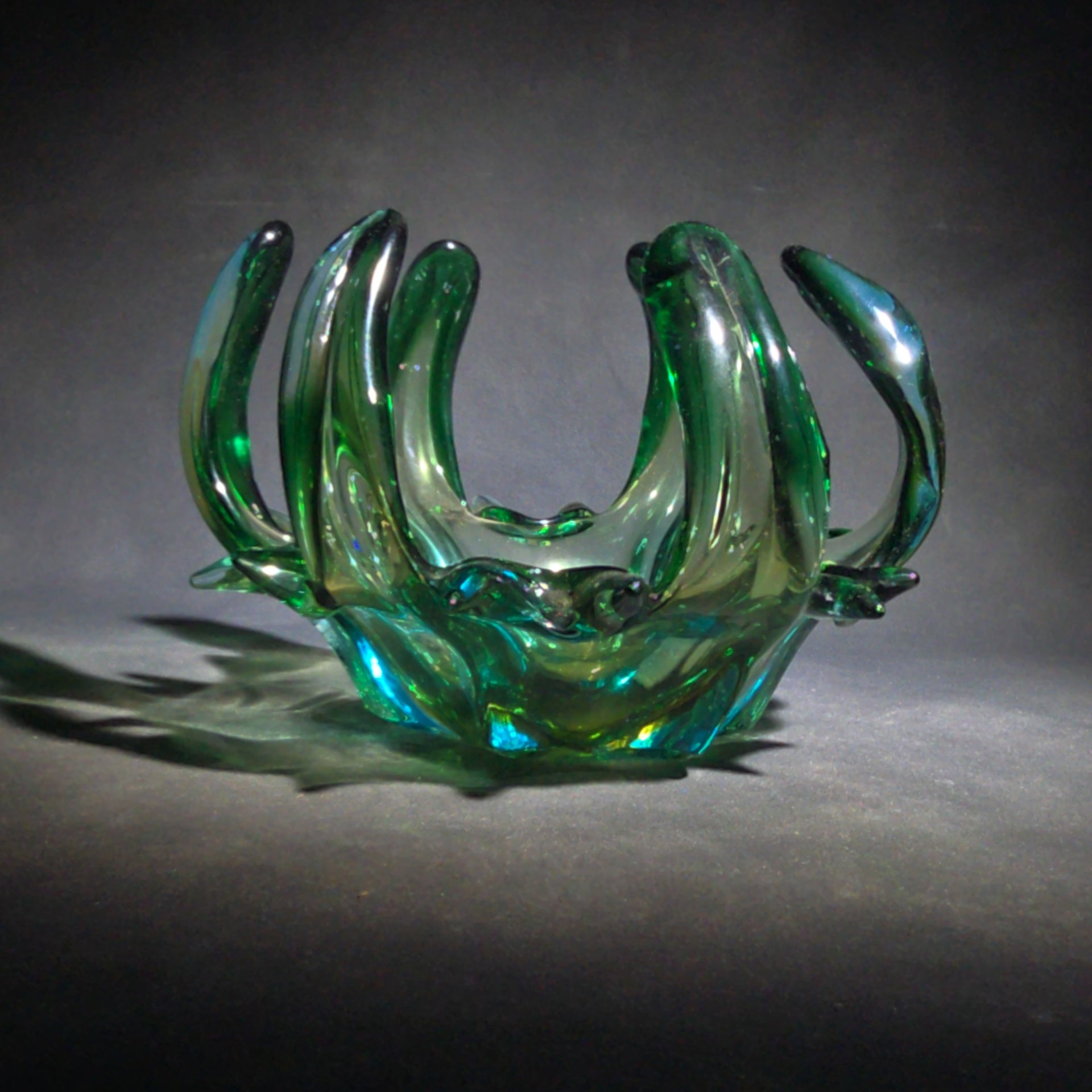 Vintage Midcentury Modern Murano Style Green Art Glass Free-Form Bowl with Upswept Fingers, UV Reactive