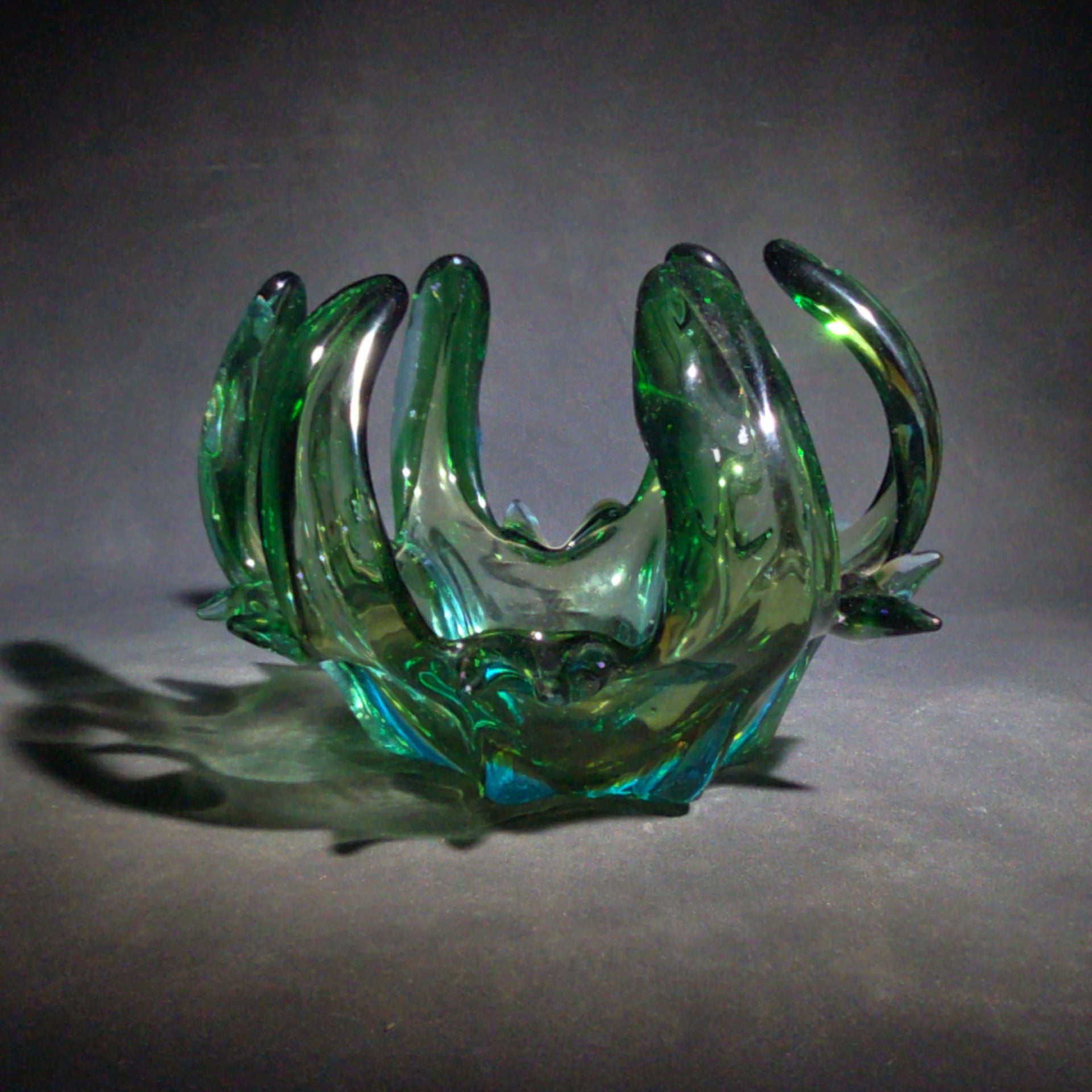 Vintage Midcentury Modern Murano Style Green Art Glass Free-Form Bowl with Upswept Fingers, UV Reactive