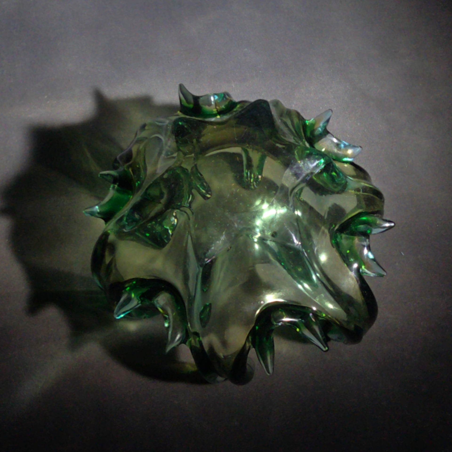 Vintage Midcentury Modern Murano Style Green Art Glass Free-Form Bowl with Upswept Fingers, UV Reactive