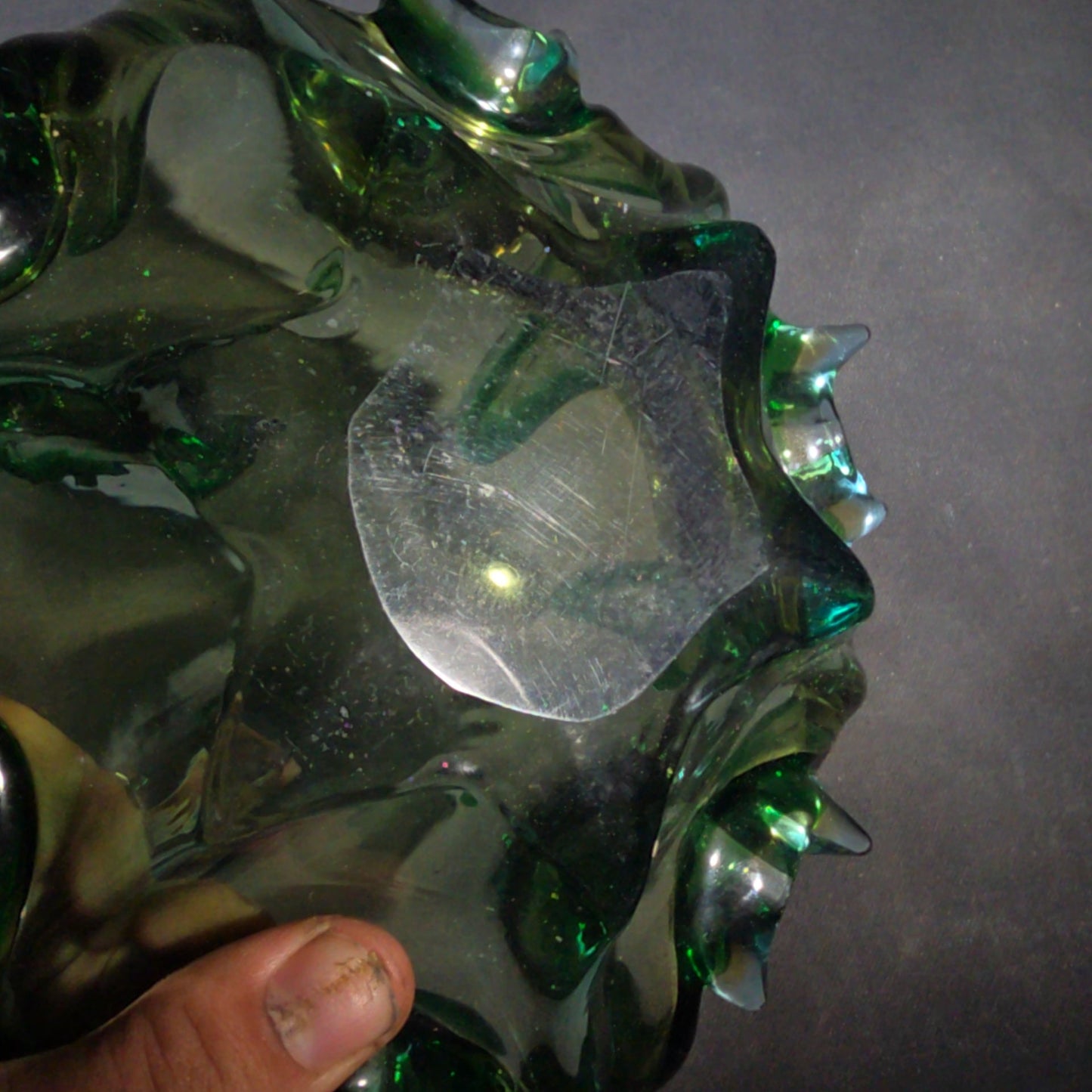 Vintage Midcentury Modern Murano Style Green Art Glass Free-Form Bowl with Upswept Fingers, UV Reactive