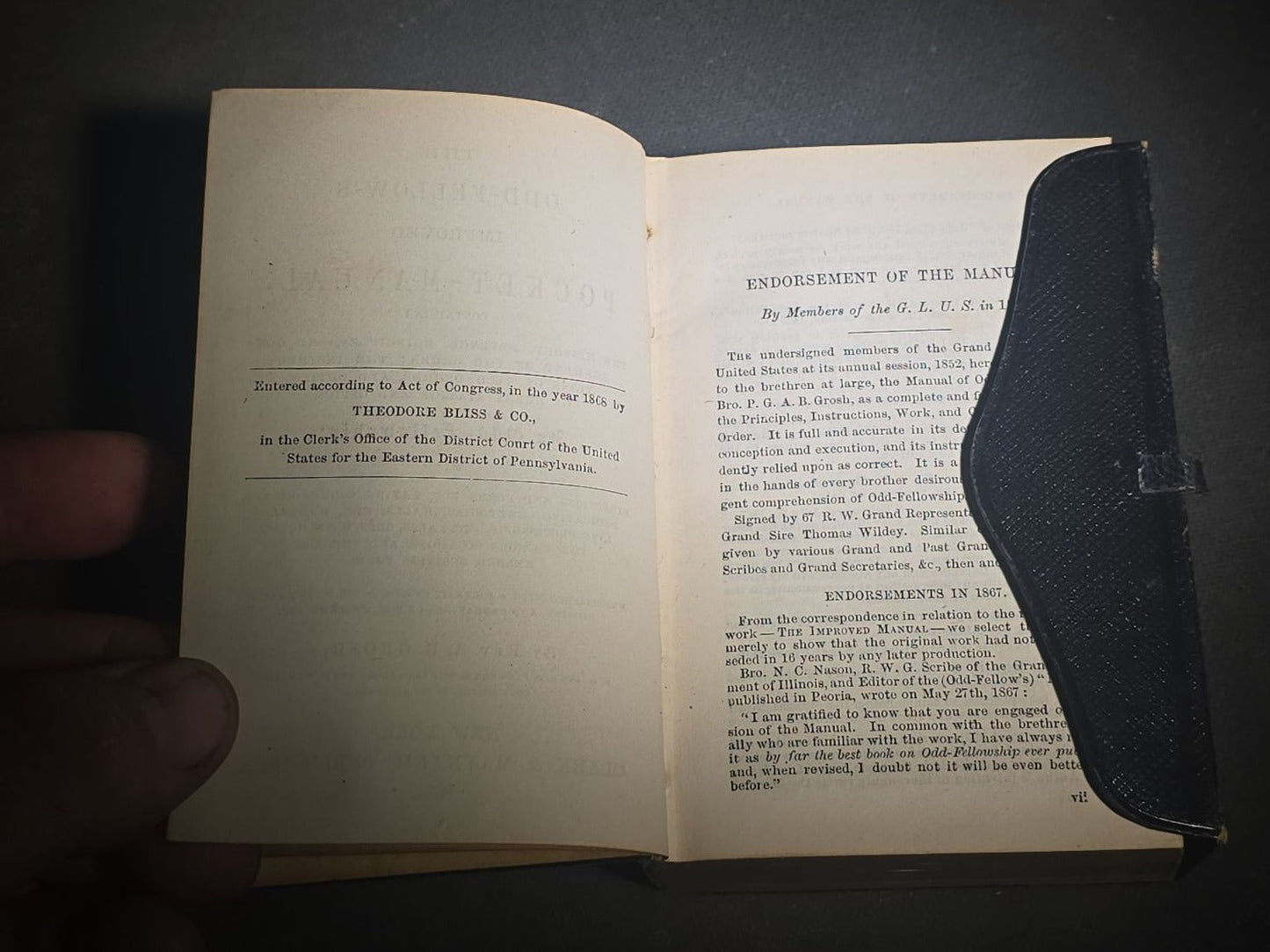 "The Odd-Fellow's Improved Pocket-Manual" Antique I.O.O.F. Fraternal Book by Rev. A. B. Grosh, with Engravings of Emblems and More, Published by Clark & Maynard, New York, 1874