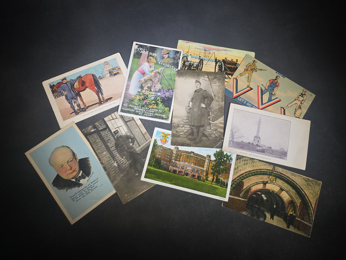 Grouping of 10 Antique and Vintage Military and Patriotic Postcards including WWI French Prisoner of War R.P.P.C. from Meschede, Germany, Winston Churchill WWII Portrait, Grant's Tomb, and City Hall Subway Station, New York