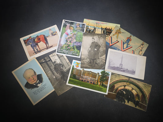 Grouping of 10 Antique and Vintage Military and Patriotic Postcards including WWI French Prisoner of War R.P.P.C. from Meschede, Germany, Winston Churchill WWII Portrait, Grant's Tomb, and City Hall Subway Station, New York