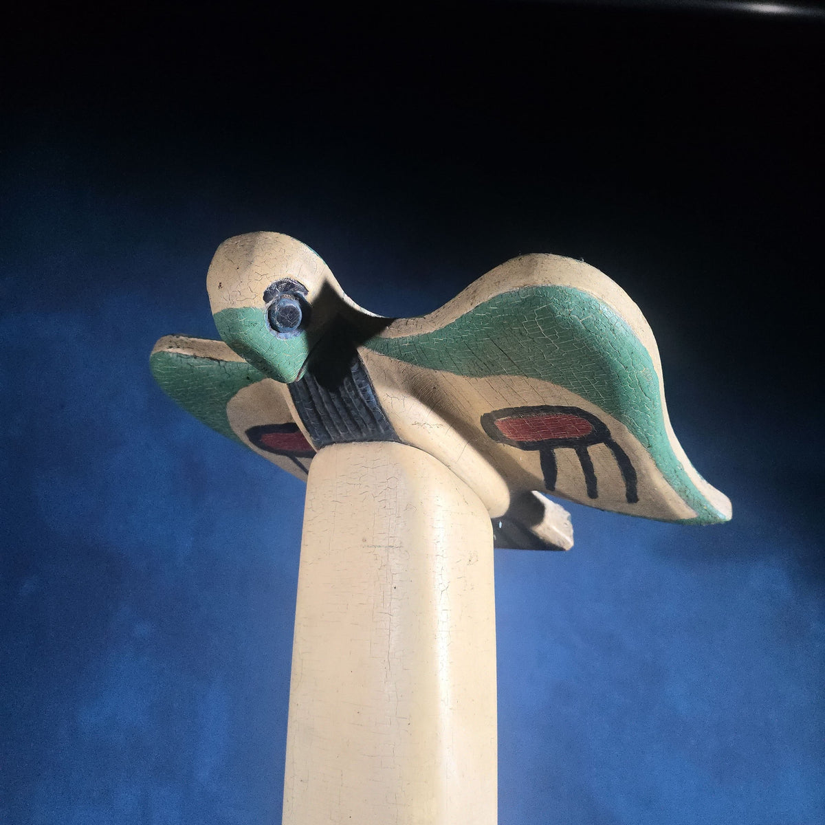 Antique Carved and Painted Wooden Northwest Coast Style Totem Pole on Base