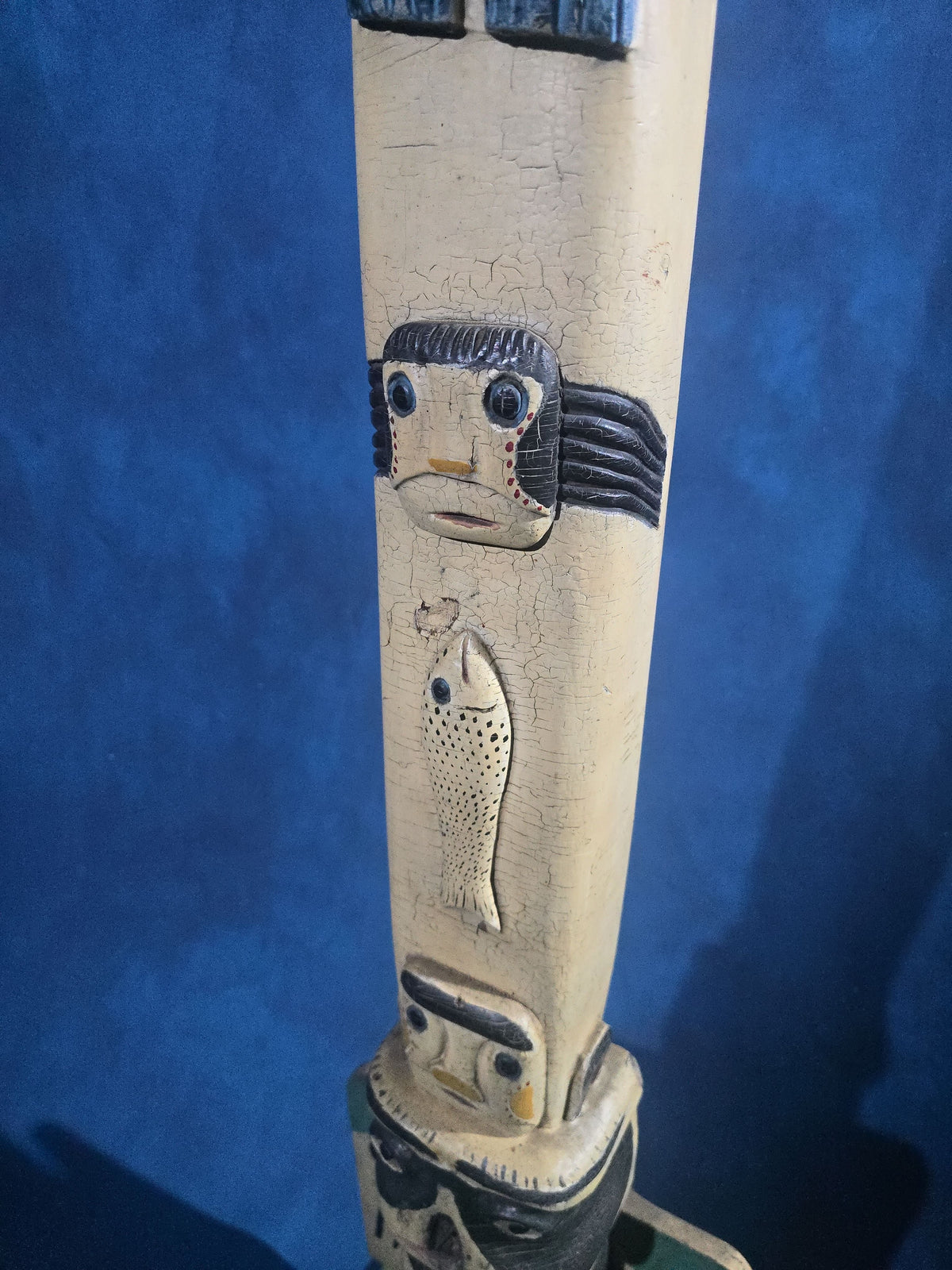Antique Carved and Painted Wooden Northwest Coast Style Totem Pole on Base