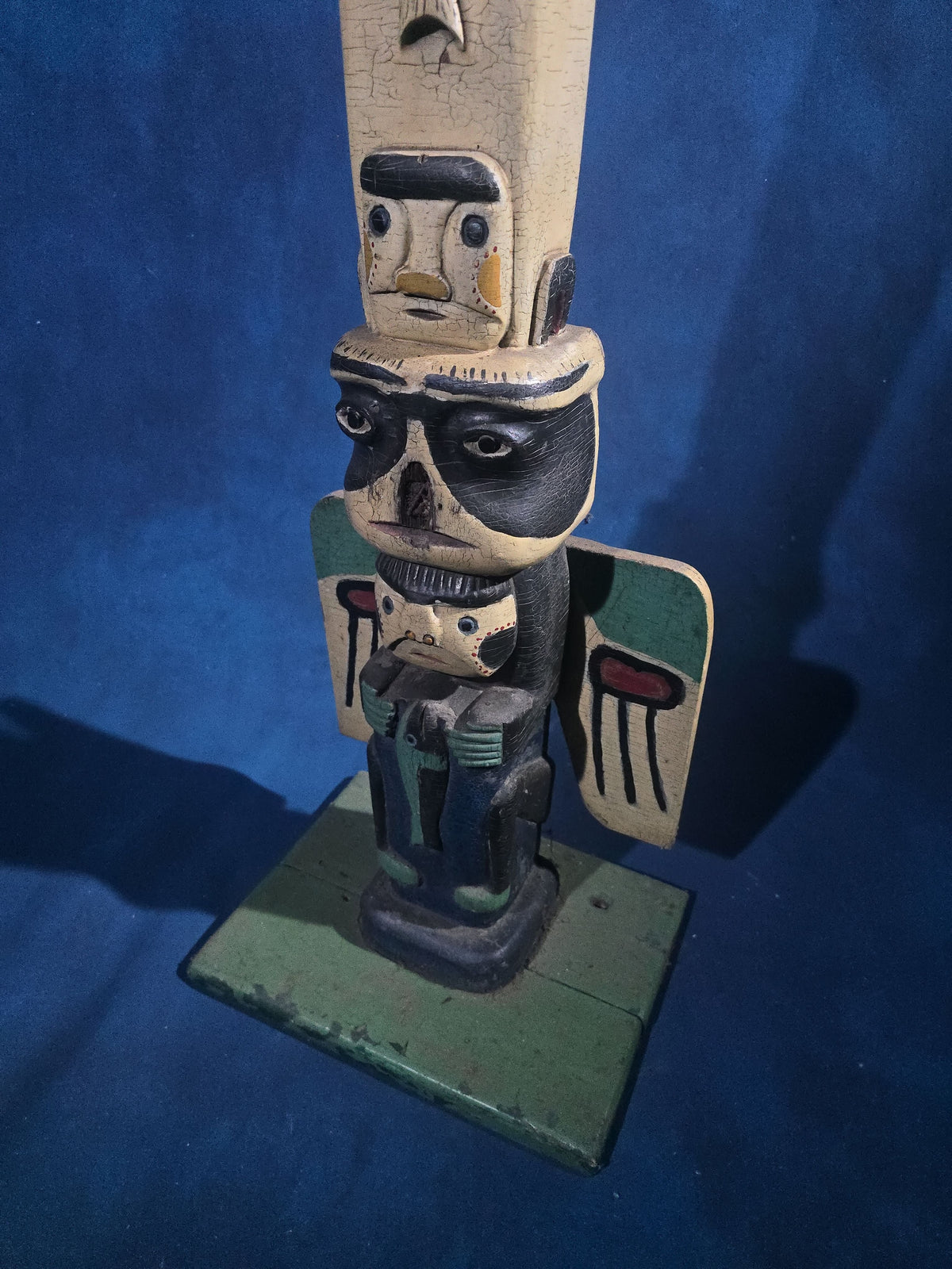 Antique Carved and Painted Wooden Northwest Coast Style Totem Pole on Base