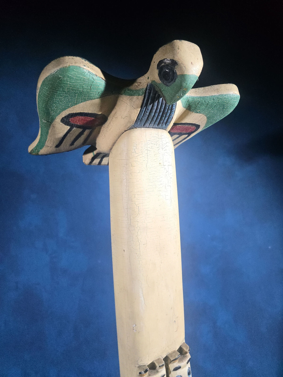 Antique Carved and Painted Wooden Northwest Coast Style Totem Pole on Base
