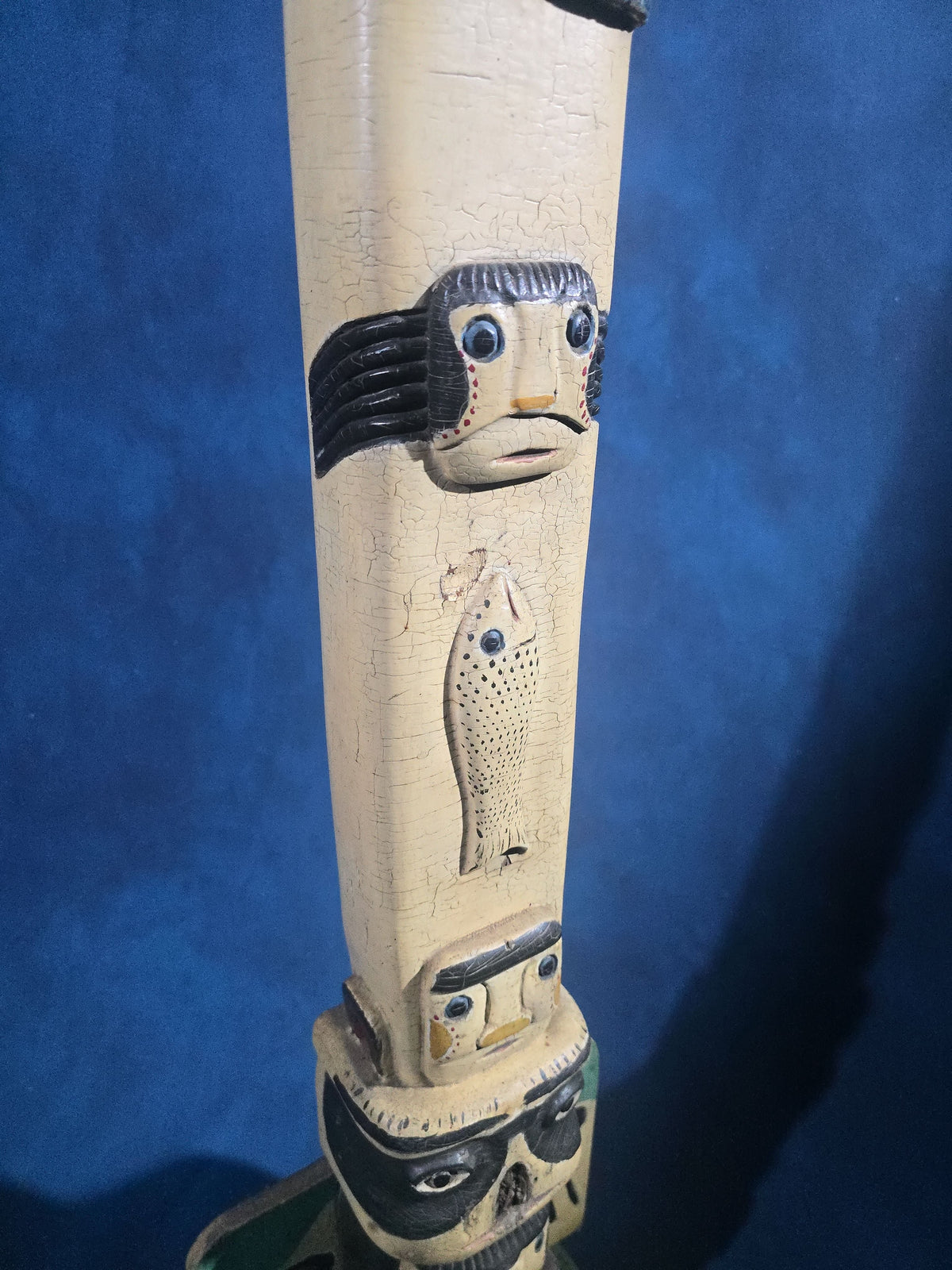 Antique Carved and Painted Wooden Northwest Coast Style Totem Pole on Base