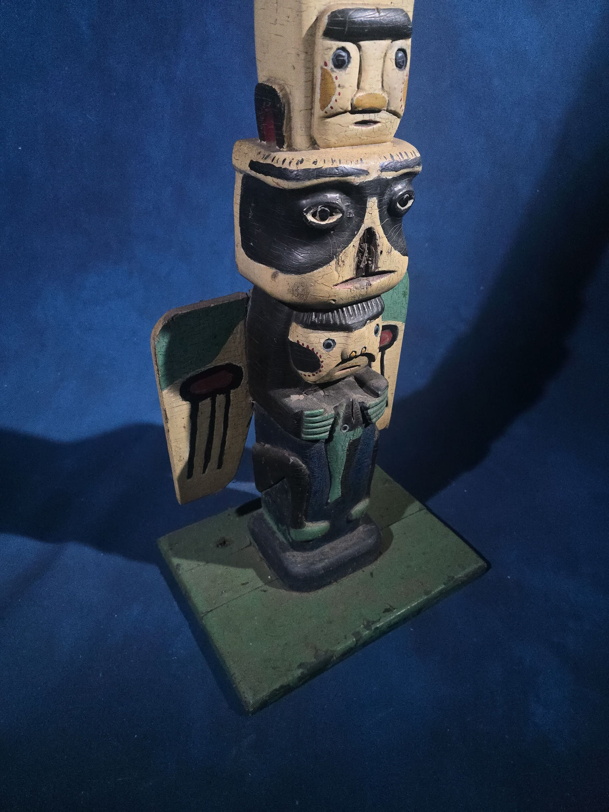 Antique Carved and Painted Wooden Northwest Coast Style Totem Pole on Base