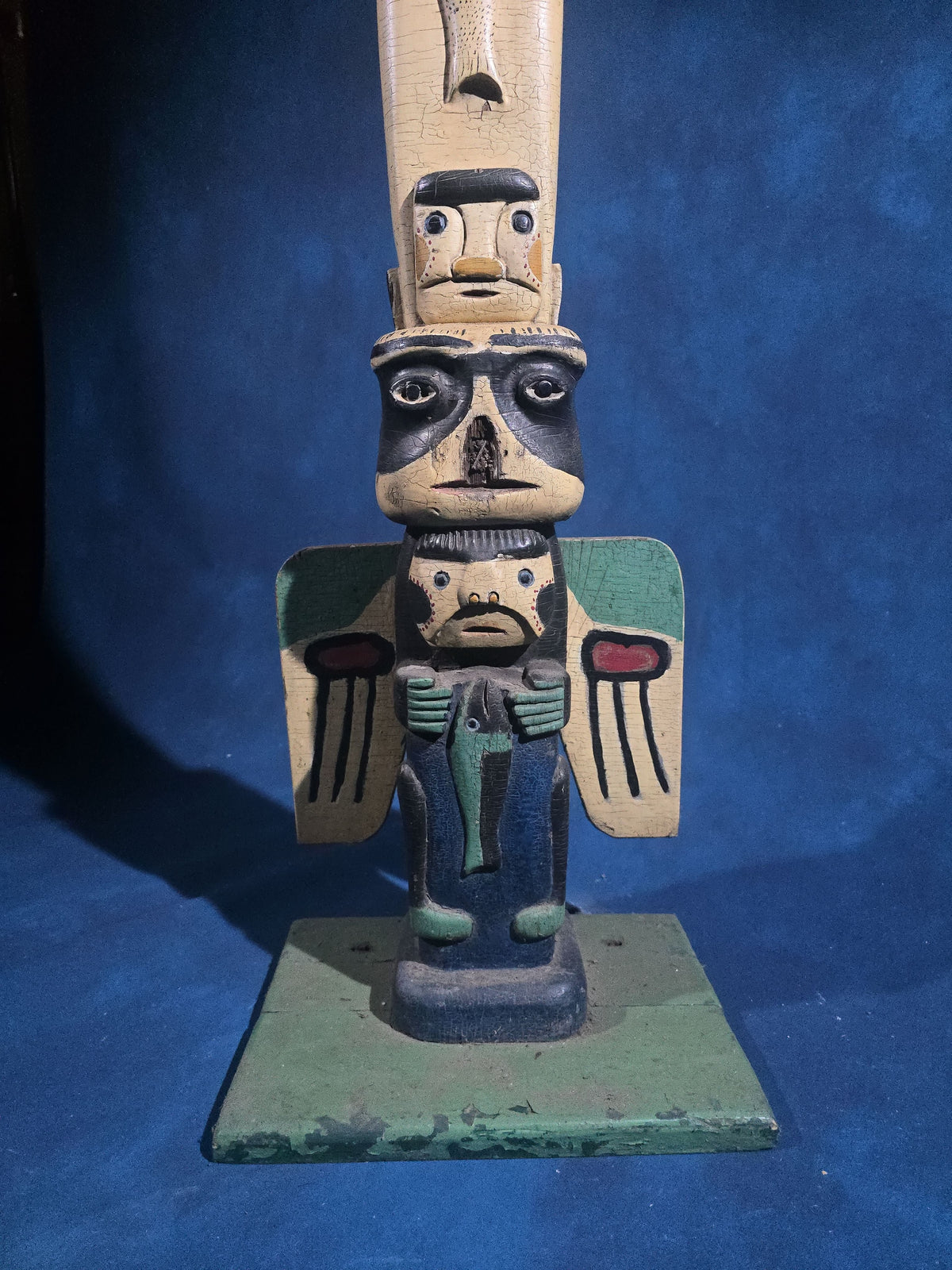 Antique Carved and Painted Wooden Northwest Coast Style Totem Pole on Base