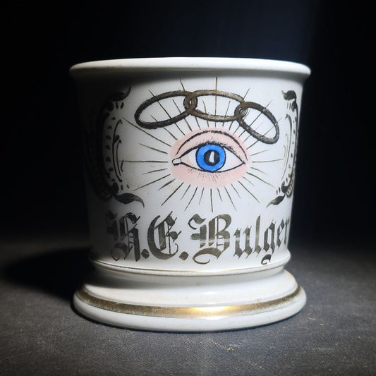Antique I.O.O.F. Odd Fellows Fraternal Shaving Mug with All-Seeing Eye and Three-Link Chain, Named "H.E. Bulger," T&V Limoges France