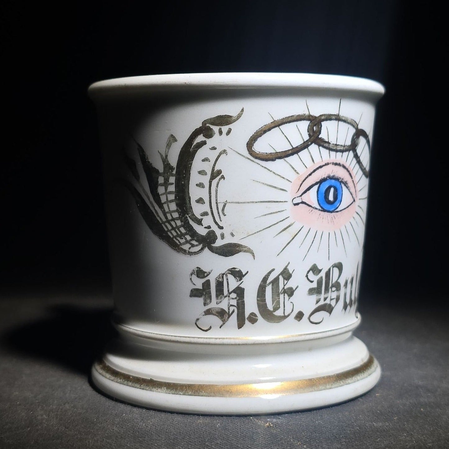 Antique I.O.O.F. Odd Fellows Fraternal Shaving Mug with All-Seeing Eye and Three-Link Chain, Named "H.E. Bulger," T&V Limoges France