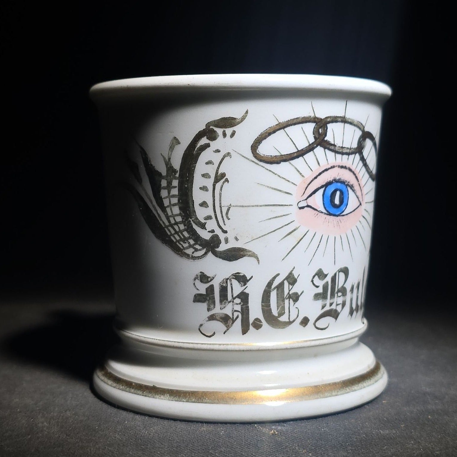 Antique I.O.O.F. Odd Fellows Fraternal Shaving Mug with All-Seeing Eye and Three-Link Chain, Named "H.E. Bulger," T&V Limoges France
