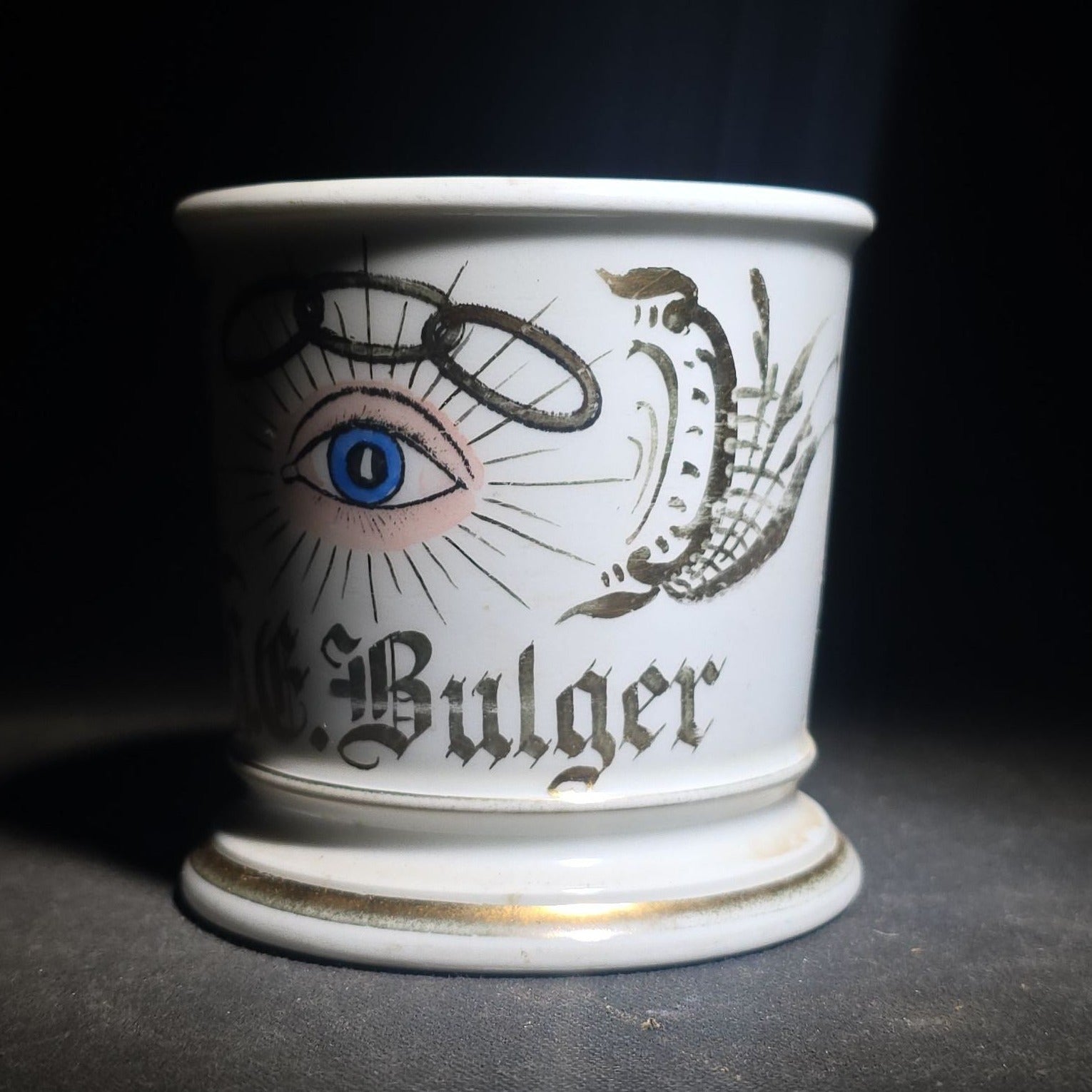Antique I.O.O.F. Odd Fellows Fraternal Shaving Mug with All-Seeing Eye and Three-Link Chain, Named "H.E. Bulger," T&V Limoges France