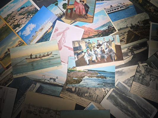 Grouping of 30+ Antique and Vintage Nautical and Coastal Postcards Including U.S. Sailors Life "Music on Board," Panama Canal Gatun Locks, Portland Head Light, Provincetown Fishermen Quarters, and Old Orchard Beach Comic