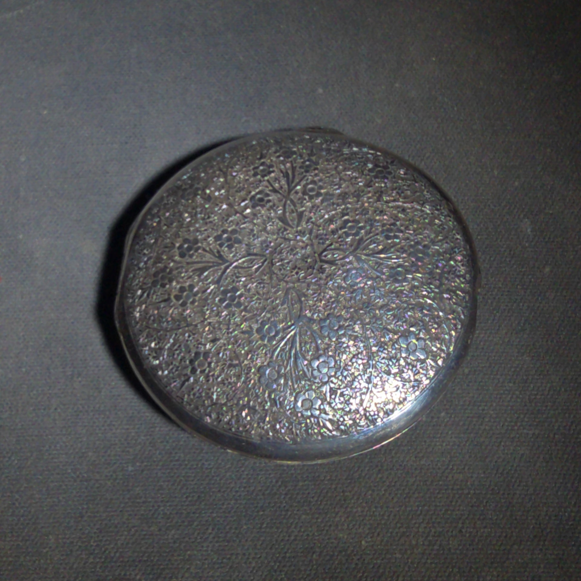 Antique Silver-Plated Compact with Engraved Floral Design and Interior Mirror