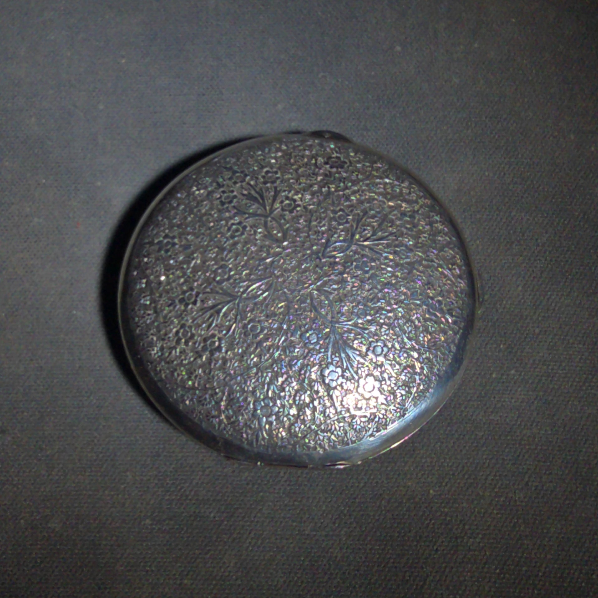 Antique Silver-Plated Compact with Engraved Floral Design and Interior Mirror
