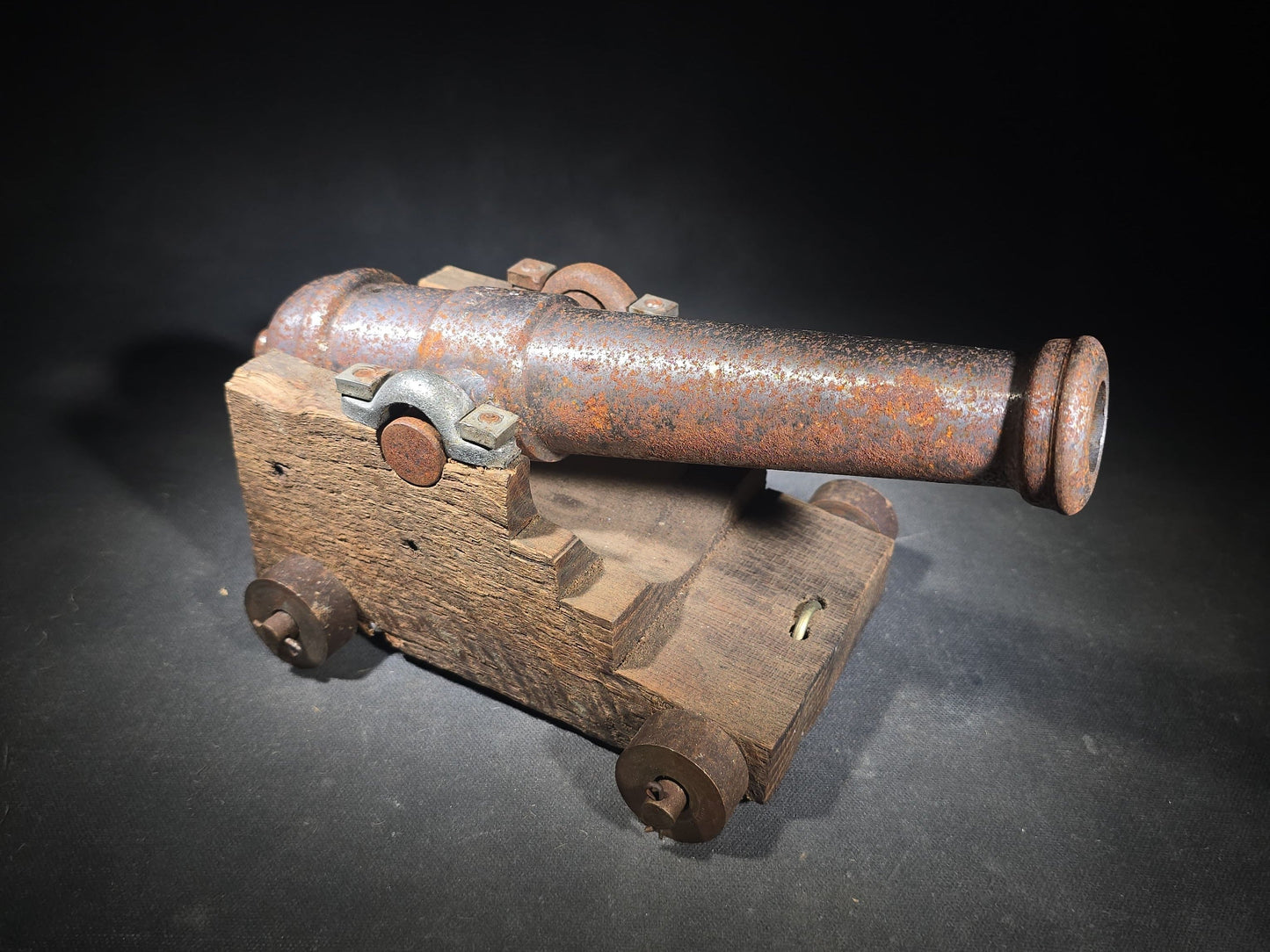 Vintage Cast Iron Signal Cannon Model on Wooden Carriage, Barrel Stamped "J O 1749"