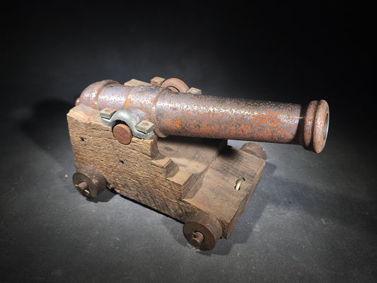 Vintage Cast Iron Signal Cannon Model on Wooden Carriage, Barrel Stamped "J O 1749"
