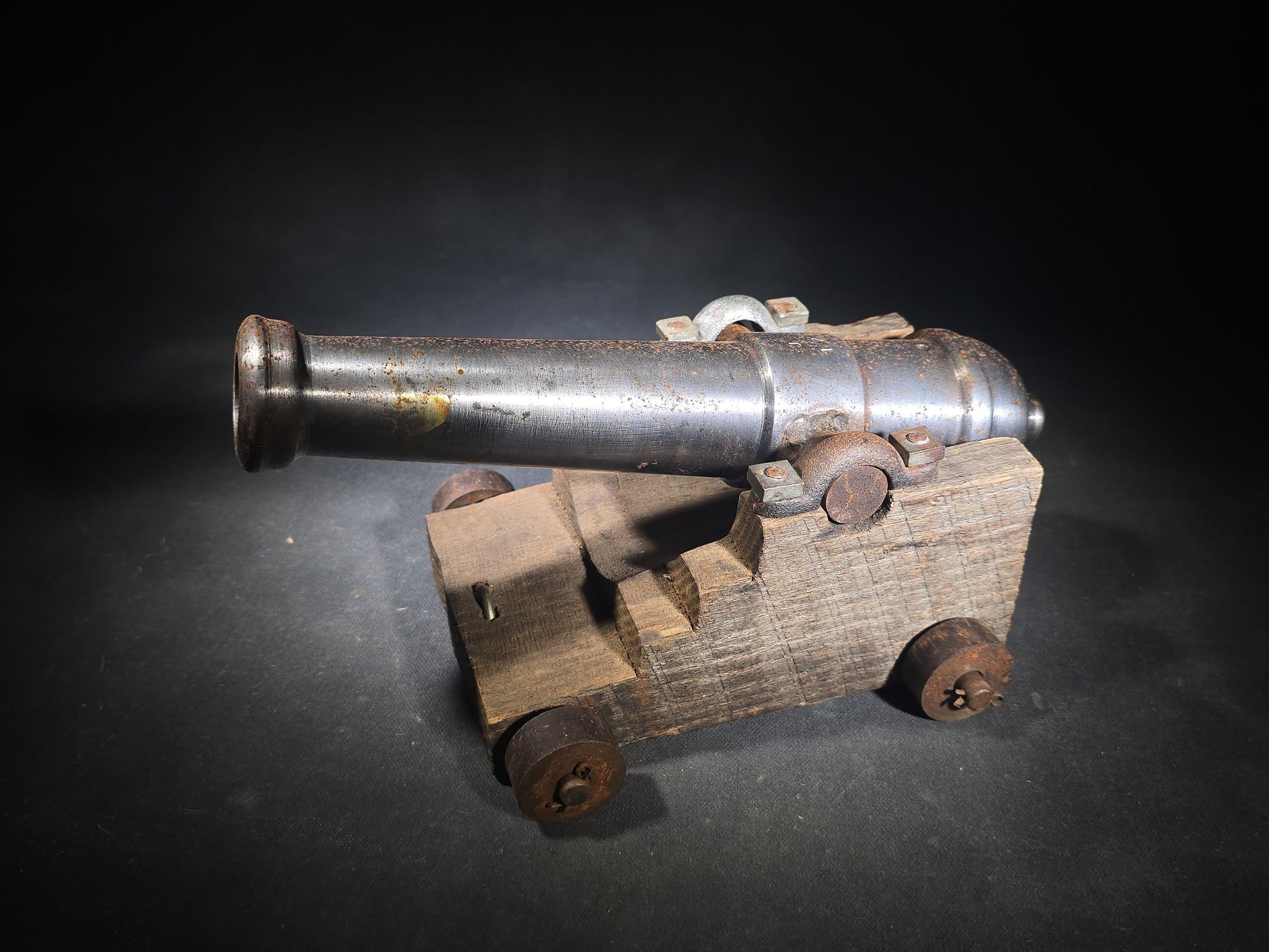 Vintage Cast Iron Signal Cannon Model on Wooden Carriage, Barrel Stamped "J O 1749"