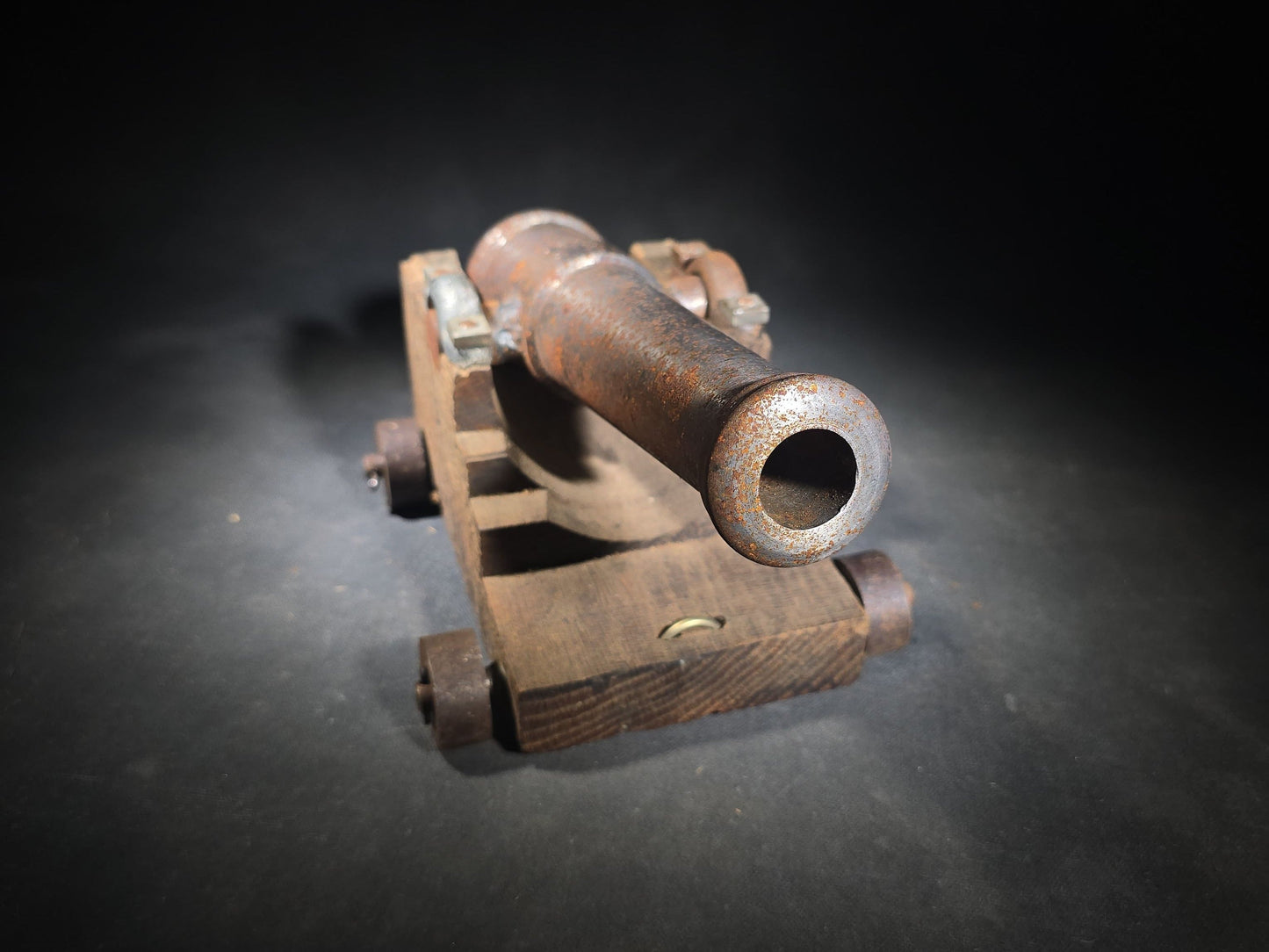 Vintage Cast Iron Signal Cannon Model on Wooden Carriage, Barrel Stamped "J O 1749"