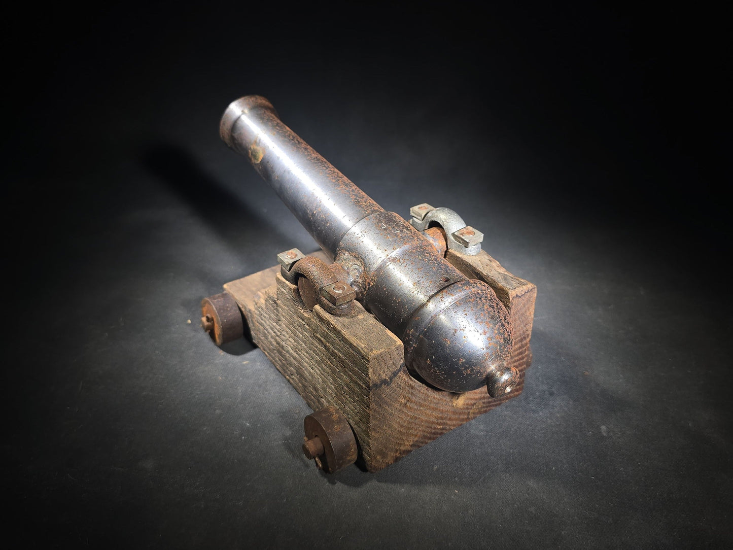 Vintage Cast Iron Signal Cannon Model on Wooden Carriage, Barrel Stamped "J O 1749"