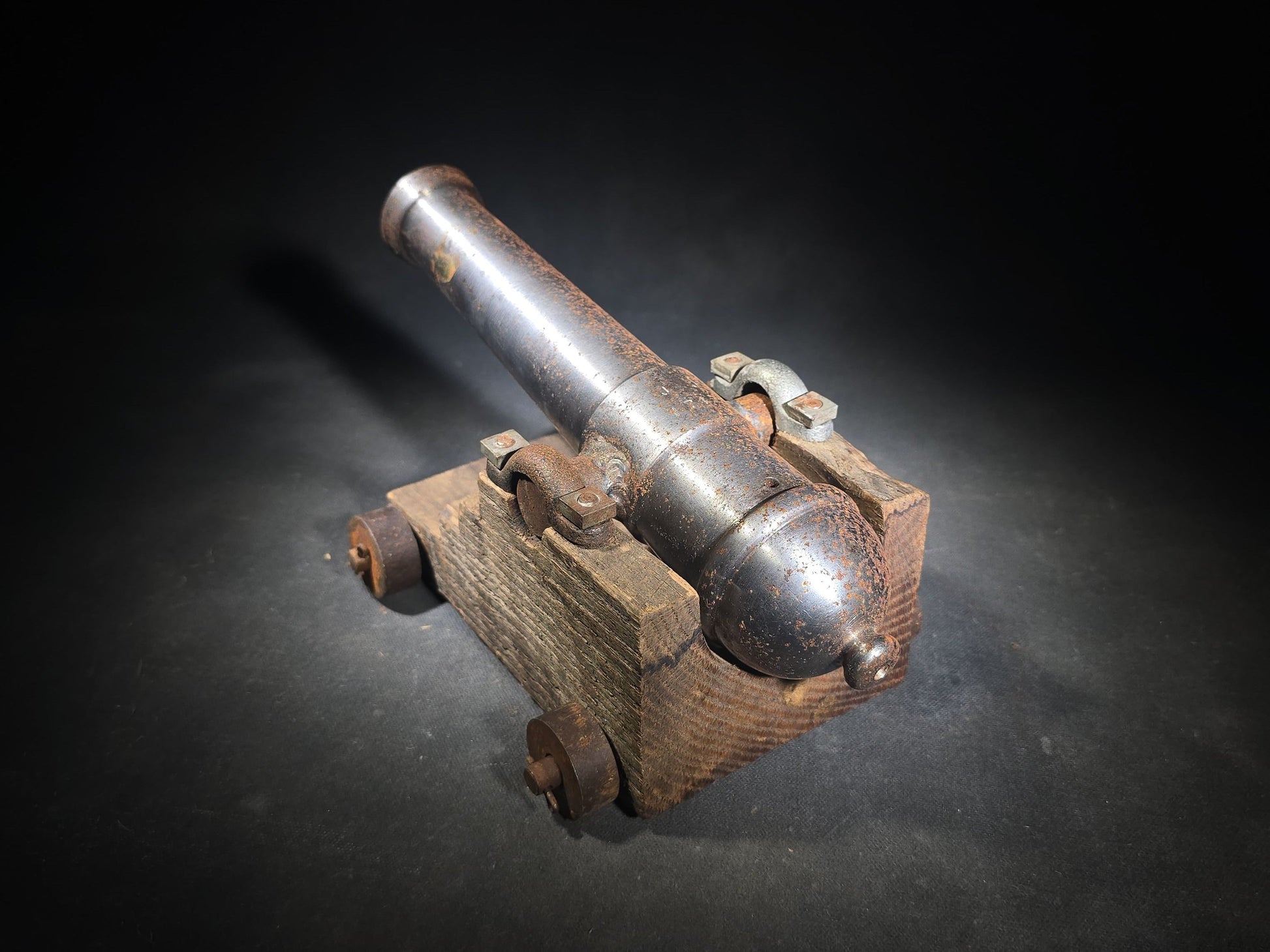 Vintage Cast Iron Signal Cannon Model on Wooden Carriage, Barrel Stamped "J O 1749"