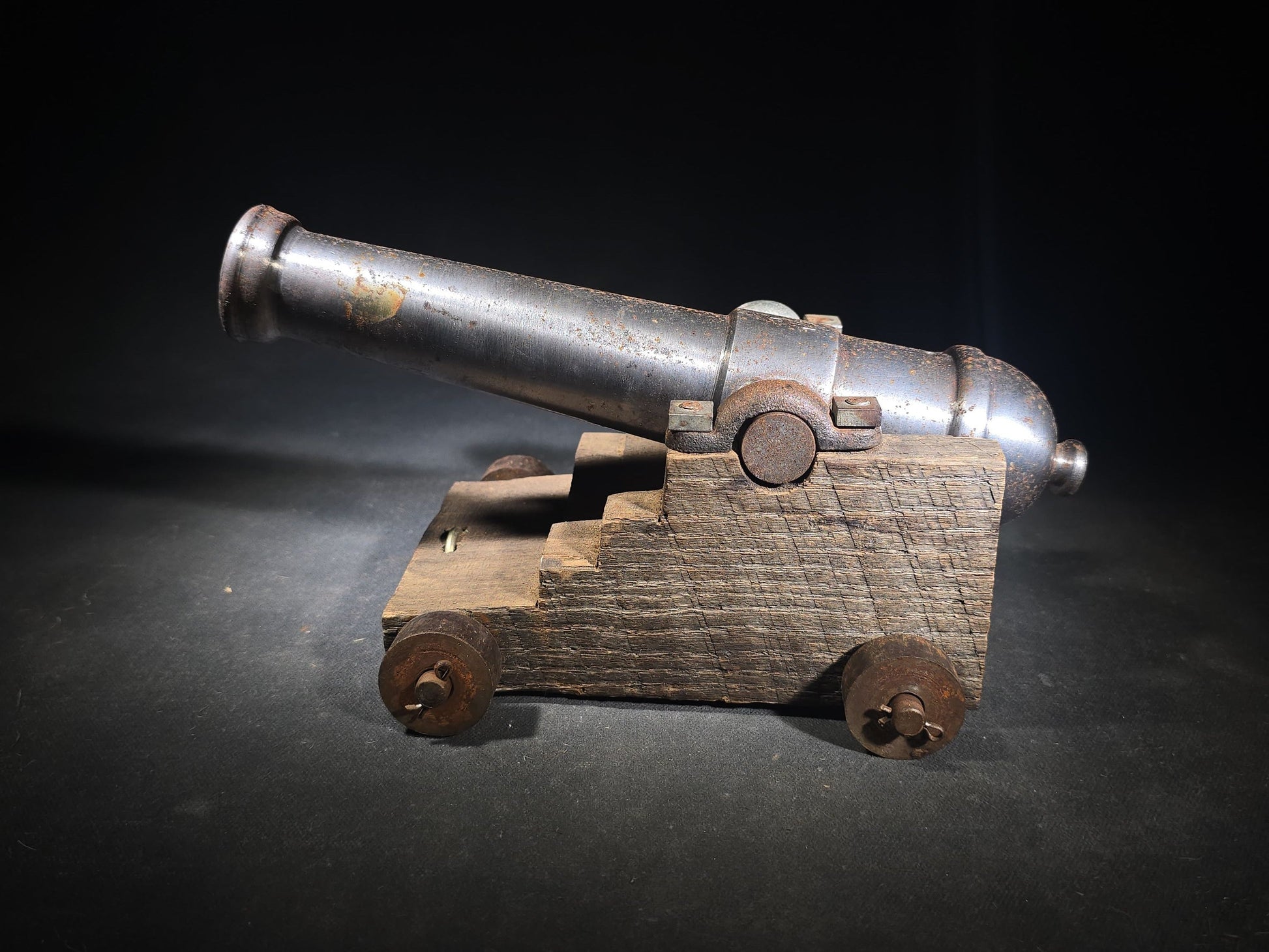 Vintage Cast Iron Signal Cannon Model on Wooden Carriage, Barrel Stamped "J O 1749"
