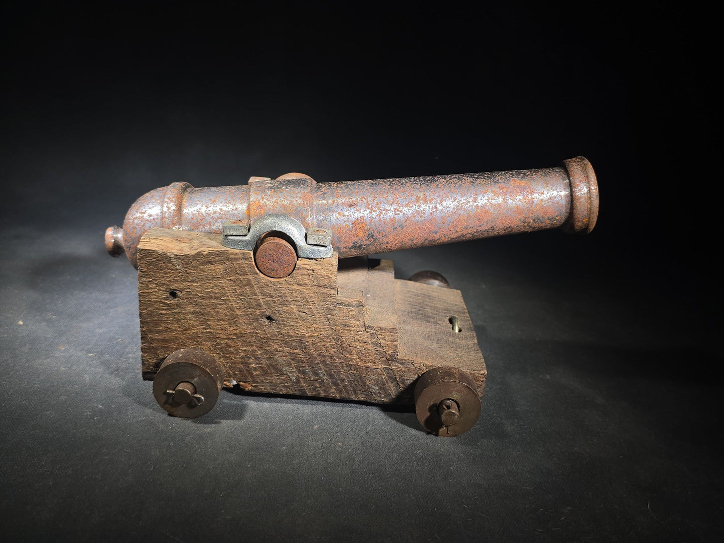 Vintage Cast Iron Signal Cannon Model on Wooden Carriage, Barrel Stamped "J O 1749"