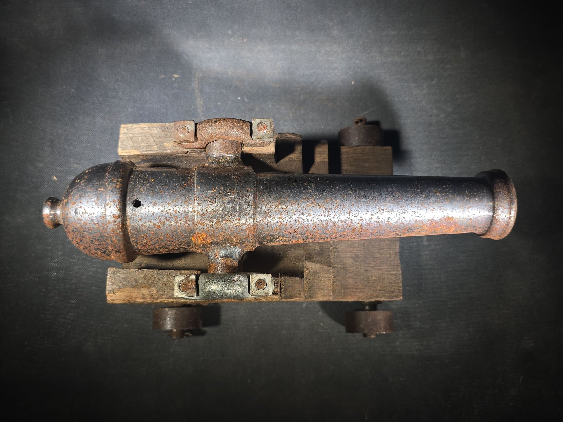 Vintage Cast Iron Signal Cannon Model on Wooden Carriage, Barrel Stamped "J O 1749"