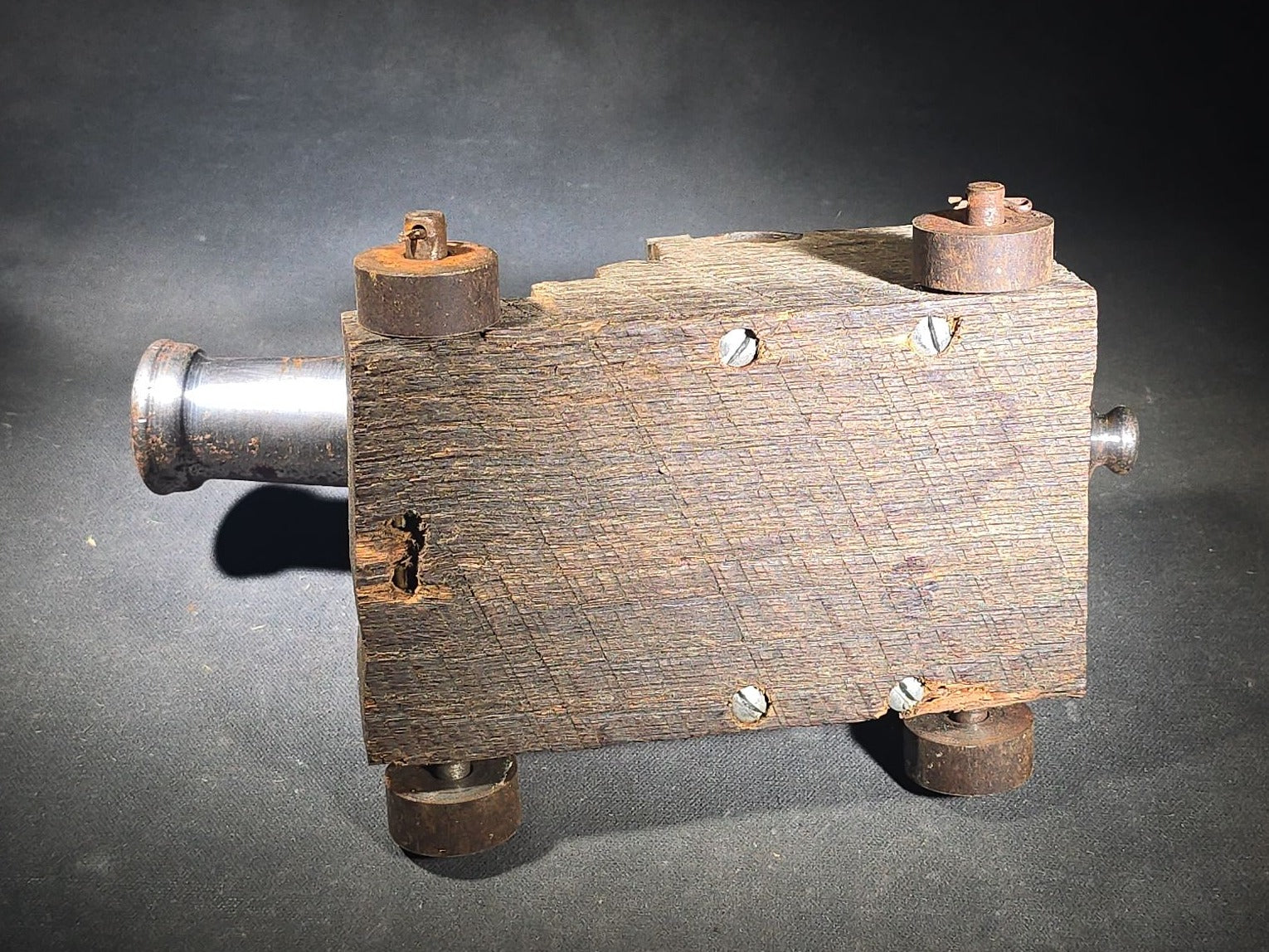 Vintage Cast Iron Signal Cannon Model on Wooden Carriage, Barrel Stamped "J O 1749"