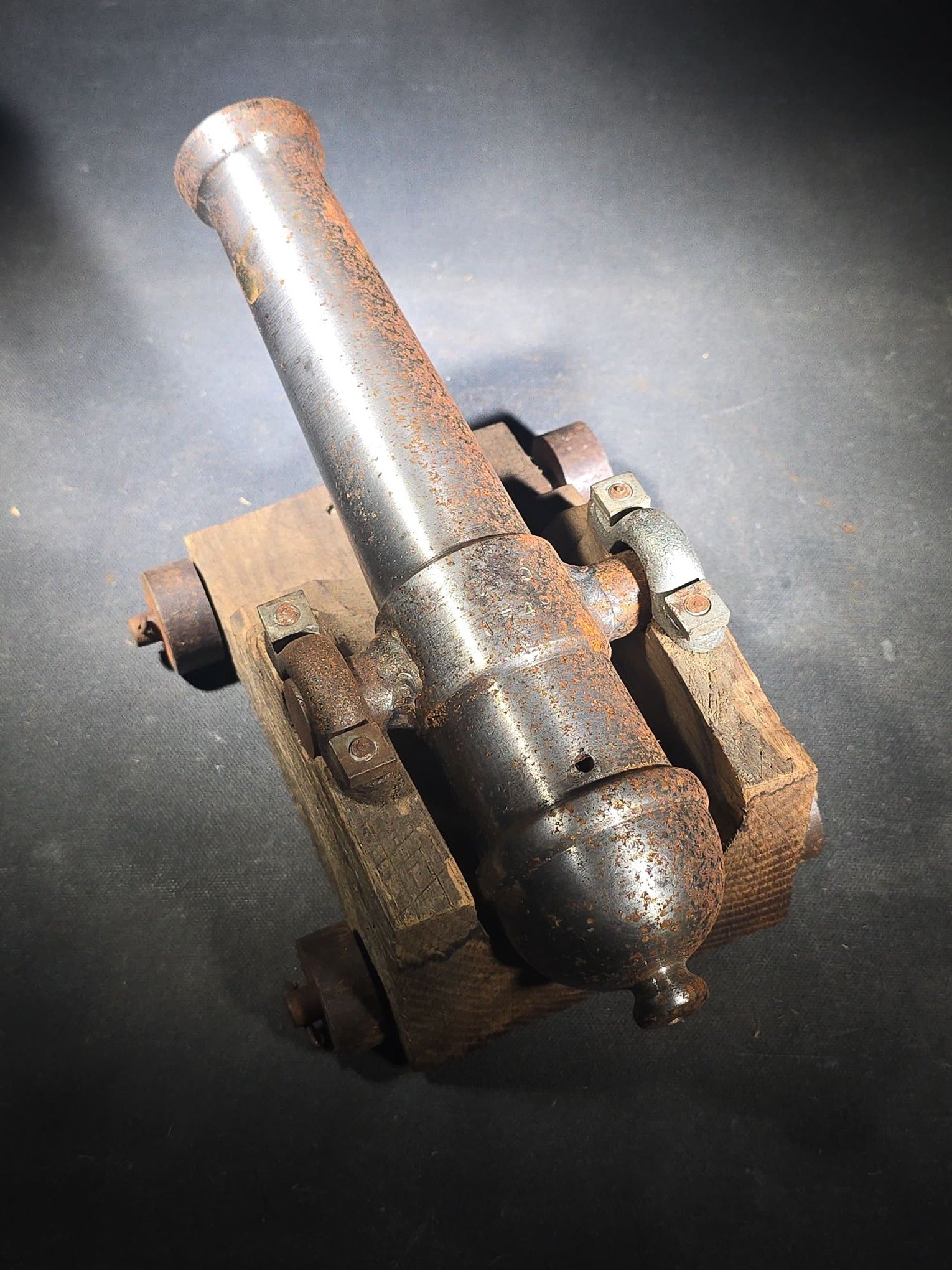 Vintage Cast Iron Signal Cannon Model on Wooden Carriage, Barrel Stamped "J O 1749"