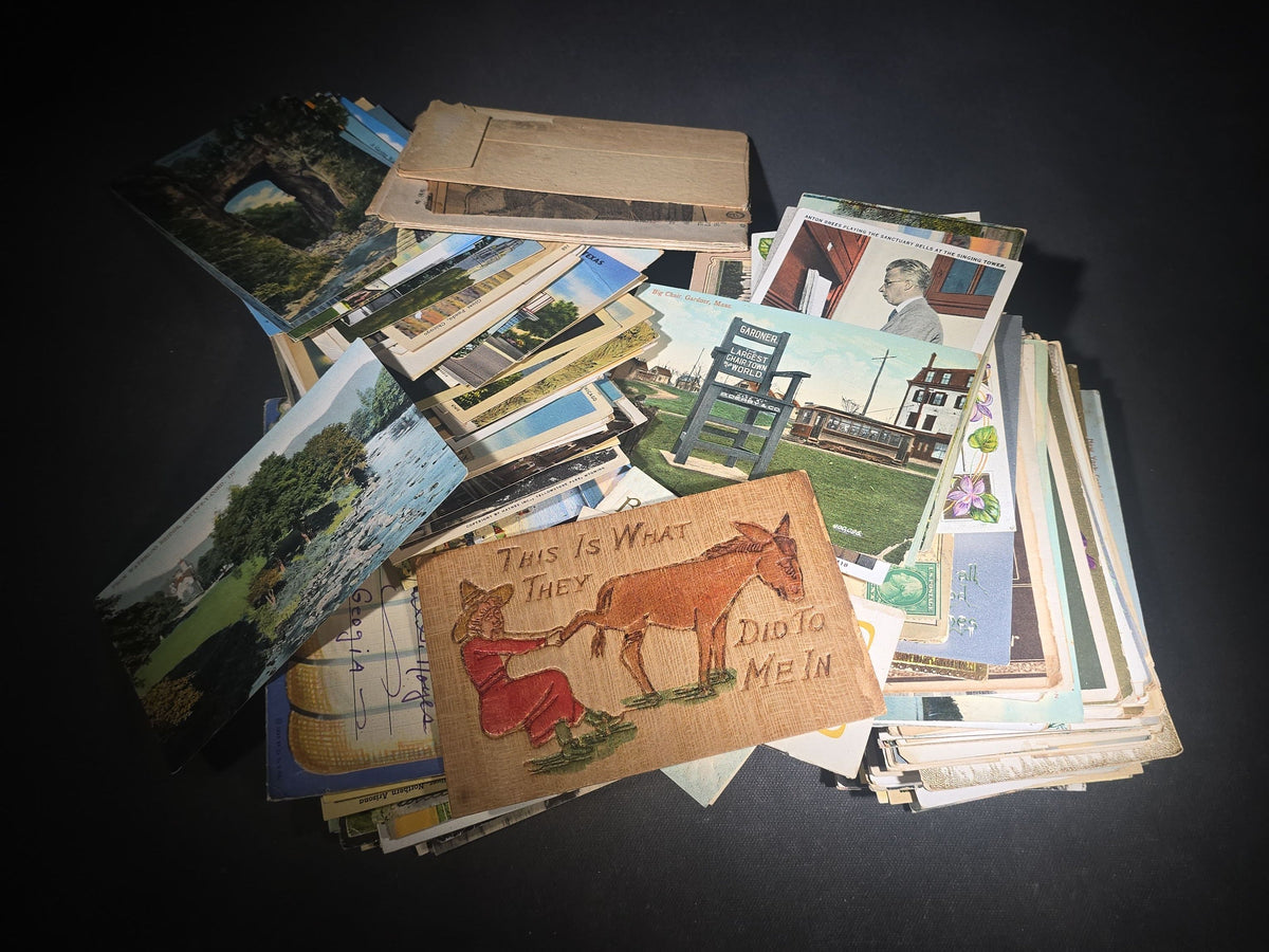 Discovery Grouping of 75+ Antique and Vintage Postcards Including Gillette Castle, Gardner Largest Chair in the World, Lewiston Bridge at Niagara Falls, Christmas, New Year, and Comic Cards
