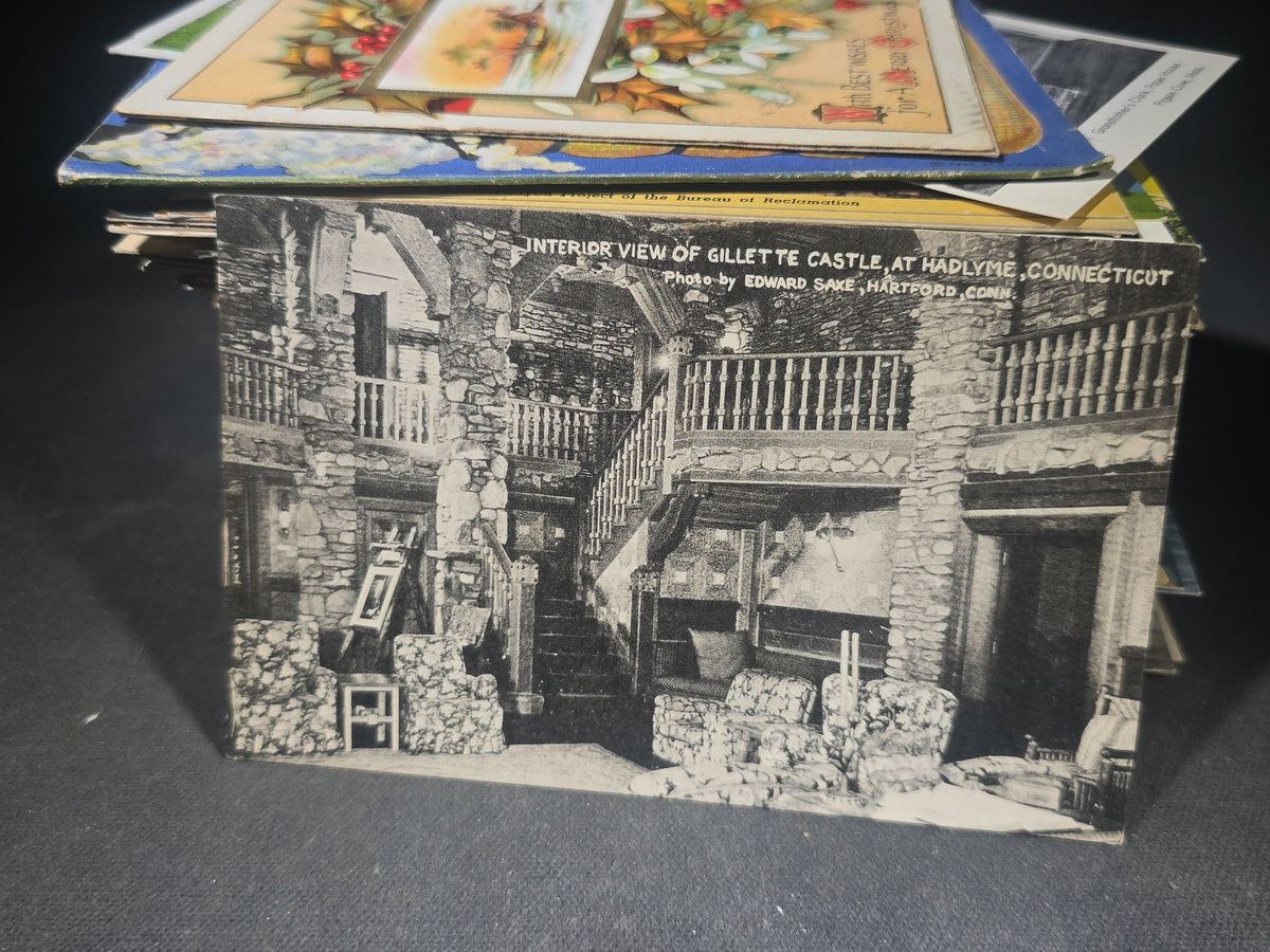 Discovery Grouping of 75+ Antique and Vintage Postcards Including Gillette Castle, Gardner Largest Chair in the World, Lewiston Bridge at Niagara Falls, Christmas, New Year, and Comic Cards